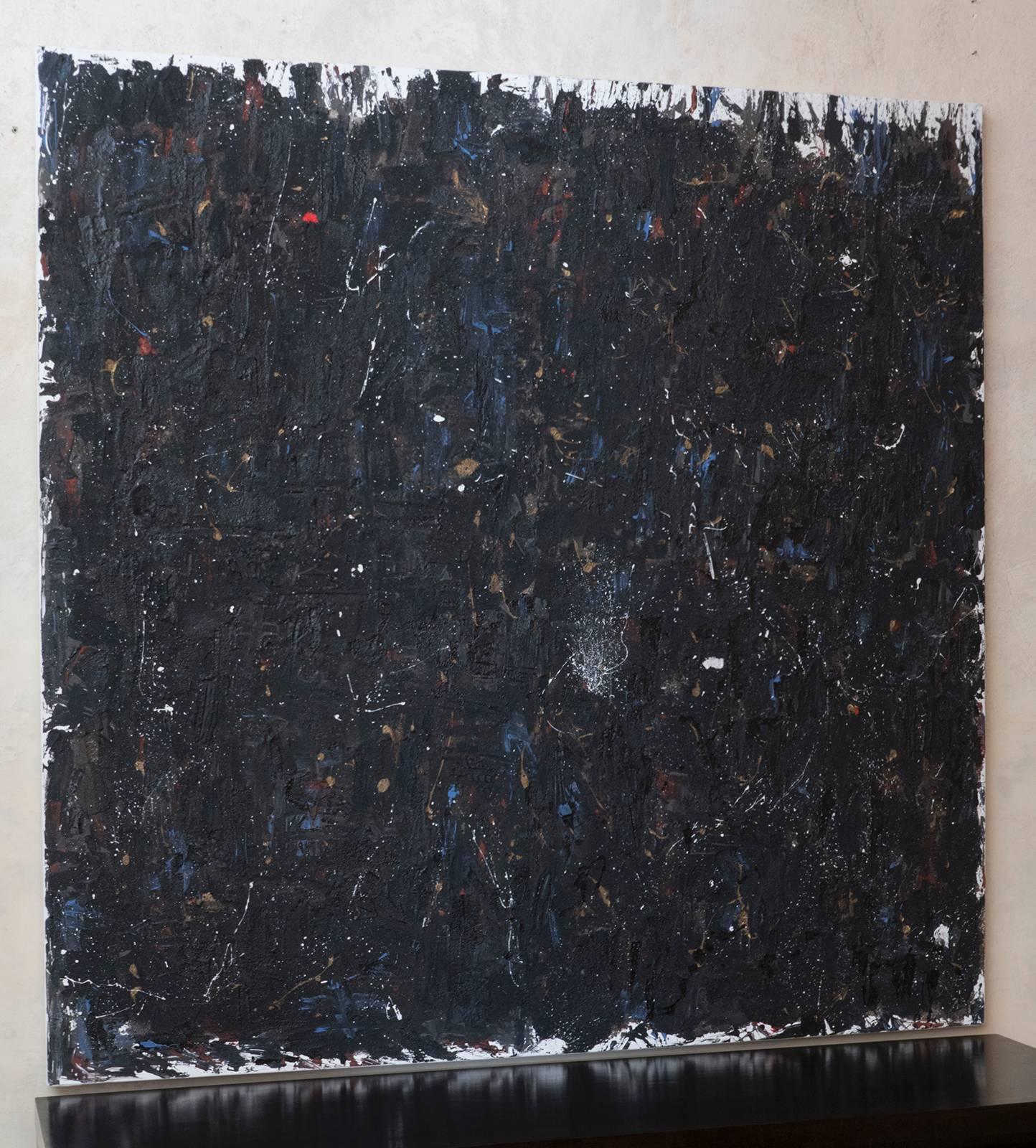 Abstract materic painting on canvas over wood panel, sand, plaster and acrylic by Andrea Brandi, 2014.