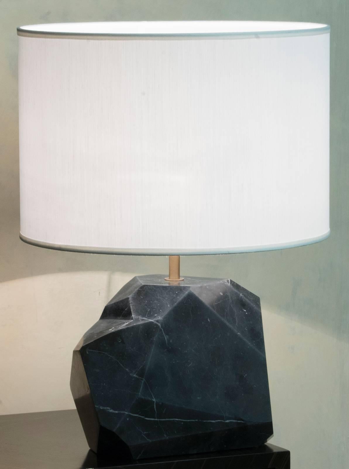 Sculptural Nero Marquinia marble lamp with mat finish that gives the lamp a vintage look, natural brass details, silk shantung lampshade cm 45 x H 30.