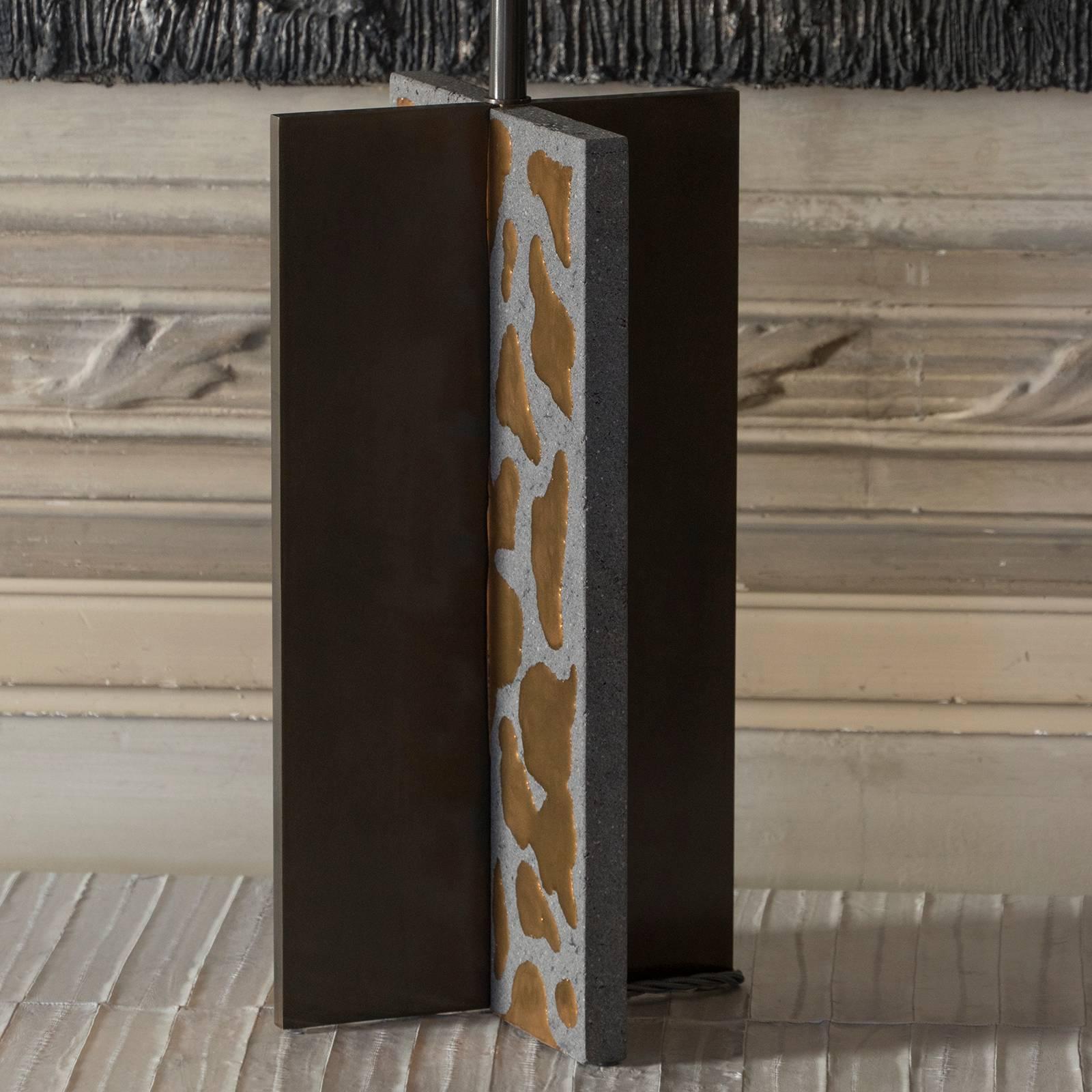 Contemporary table lamp in Basaltina stone with resin details and solid brass with bronze finishing, lamp measure: H 57 cm lampshade 45 cm x H 30.