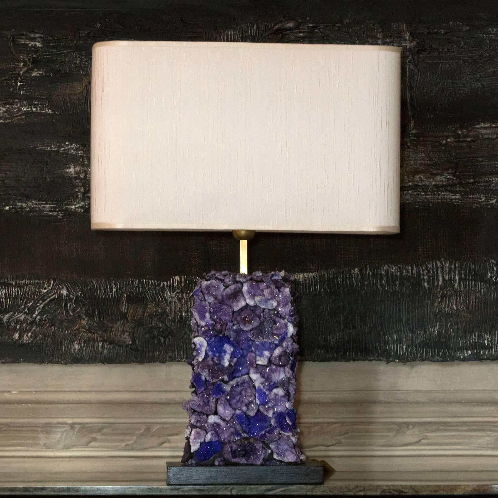 Pair of one of a kind Amethyst table lamps, wood base and brass details.
 