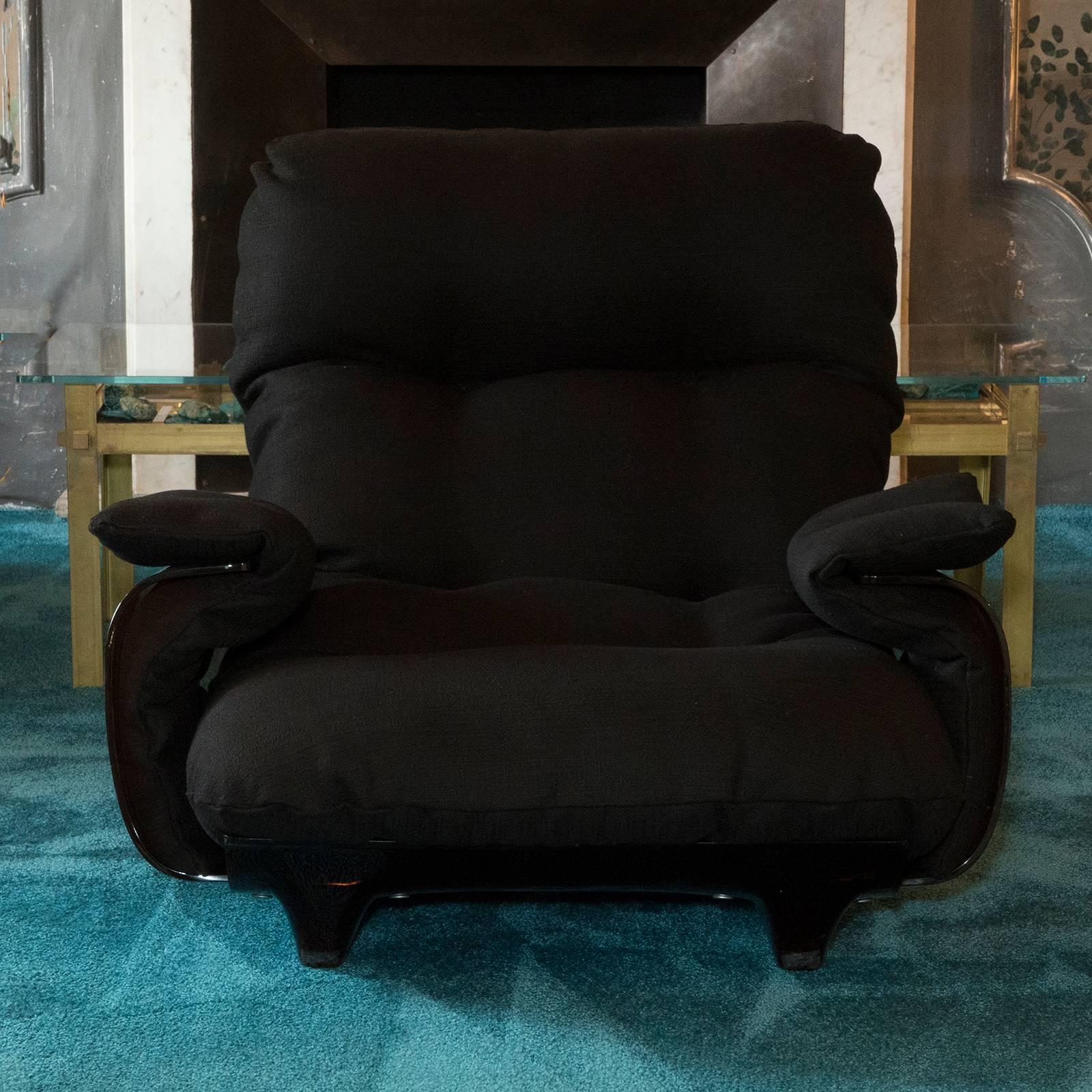 Pair of lounge chairs designed by Michel Ducaroy, Marsala series manufactured by Ligne Roset, amber plexiglass base with vintage patina and newly reupholstered black cotton woven fabric.