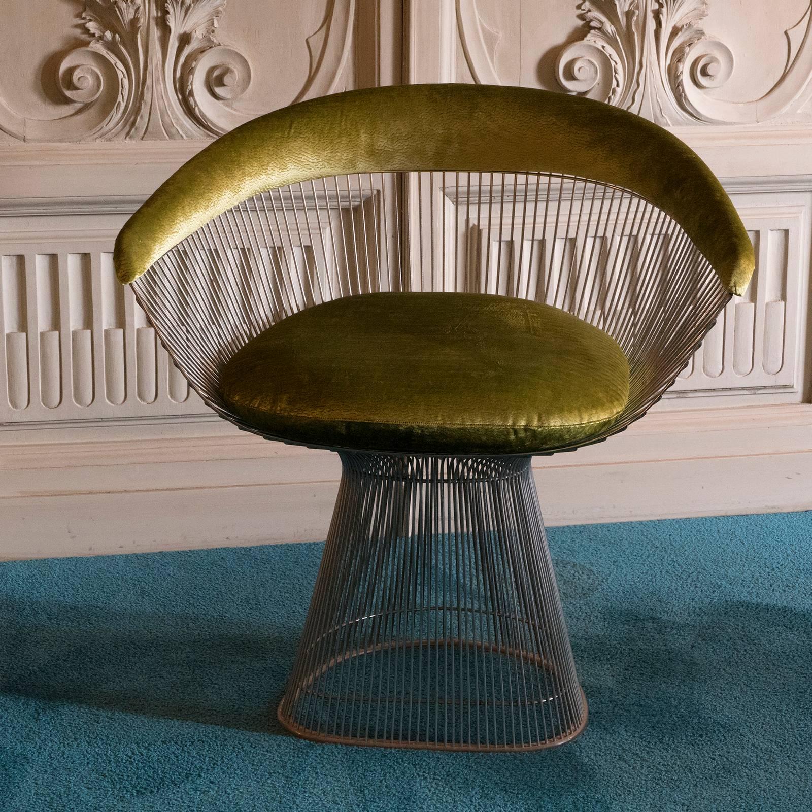 Stainless steel structure with vintage patina, newly reupholstery in lime silk velvet.
