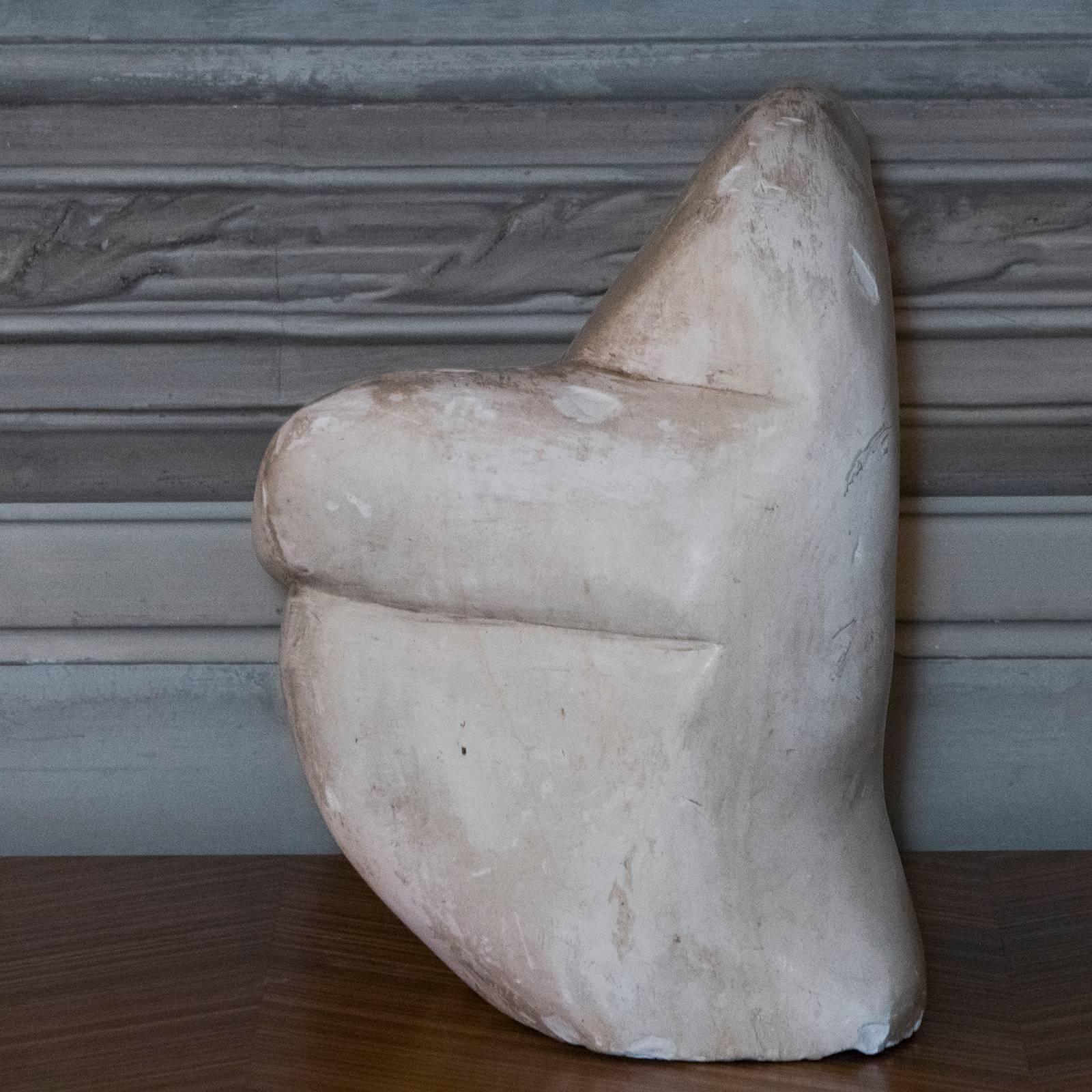 White abstract plaster sculpture, beautiful vintage patina, untitled but signed or unknown artist.