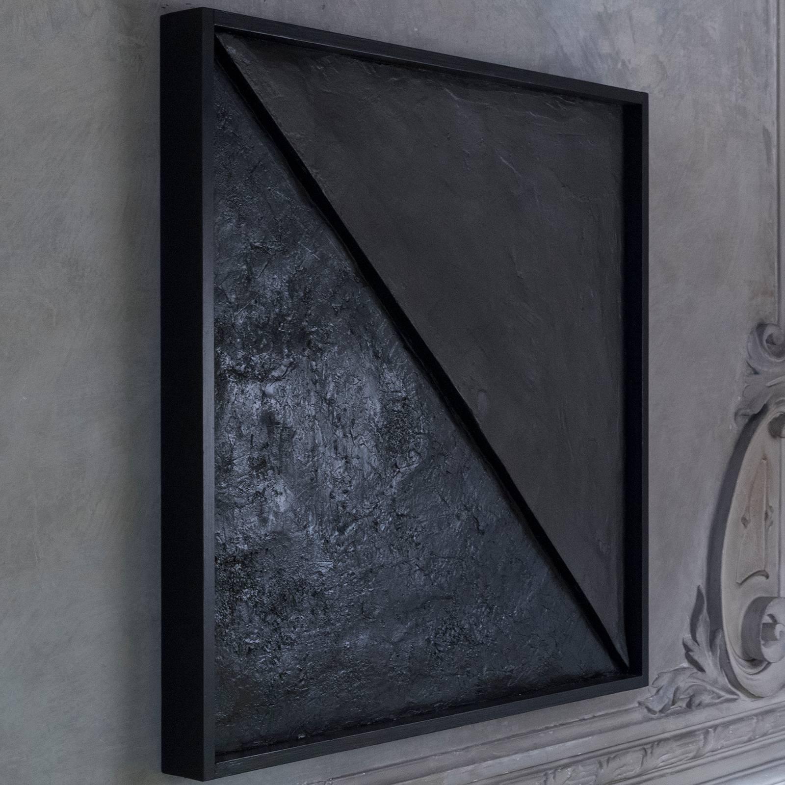 Black abstract painting on wood, plaster and acrylics, Andrea Brandi 2013,

With great sensitivity Andrea Brandi combines natural and synthetic elements, layers of pure pigment and objects of recovery, to obtain sculptural paintings with an