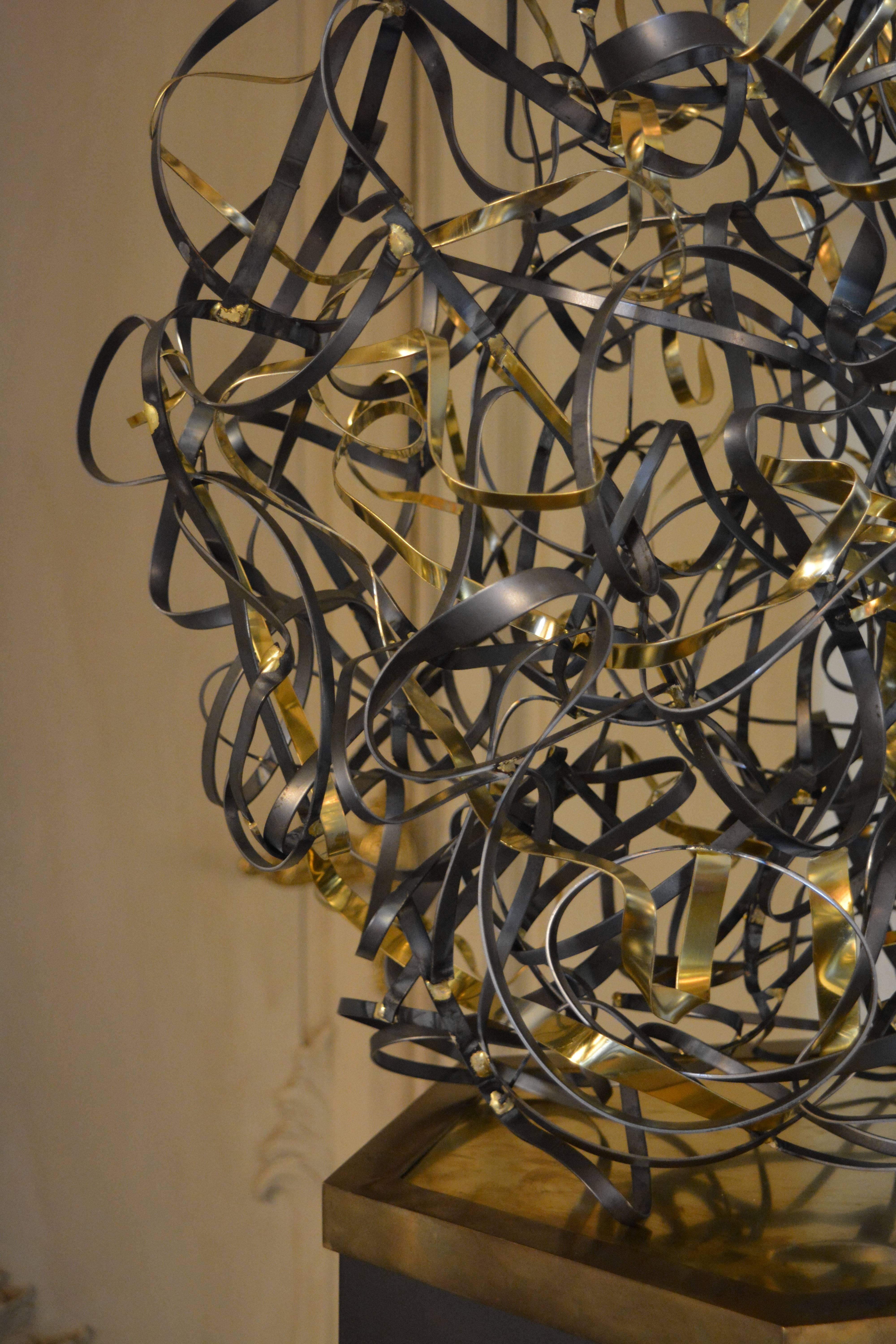 Natural steel and natural brass abstract sculpture, freestanding but can also be a wall sculpture.