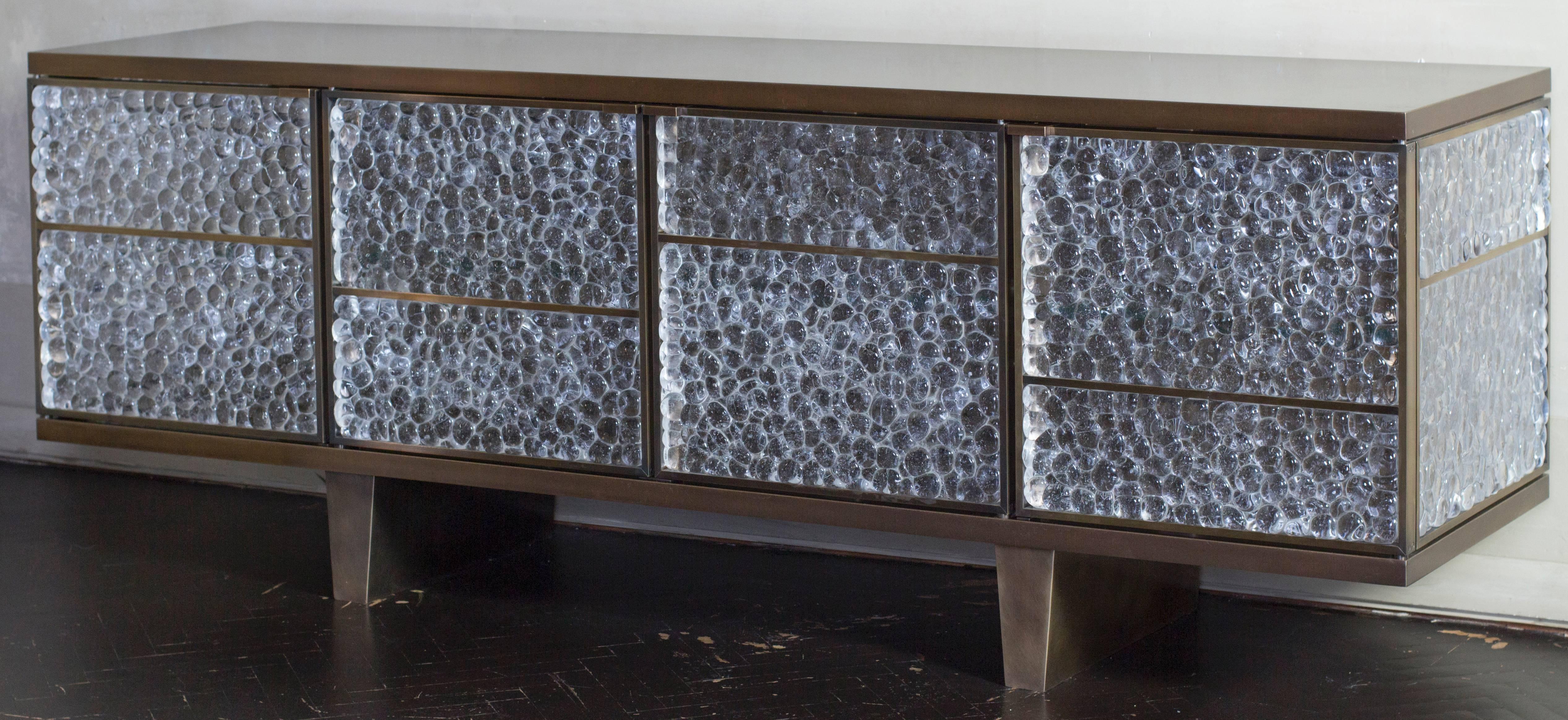 One of a kind patined bronze structure sideboard, pebble glass, extra clear tempered glass shelve, Atelier Stefan Leo for Flair Florence.