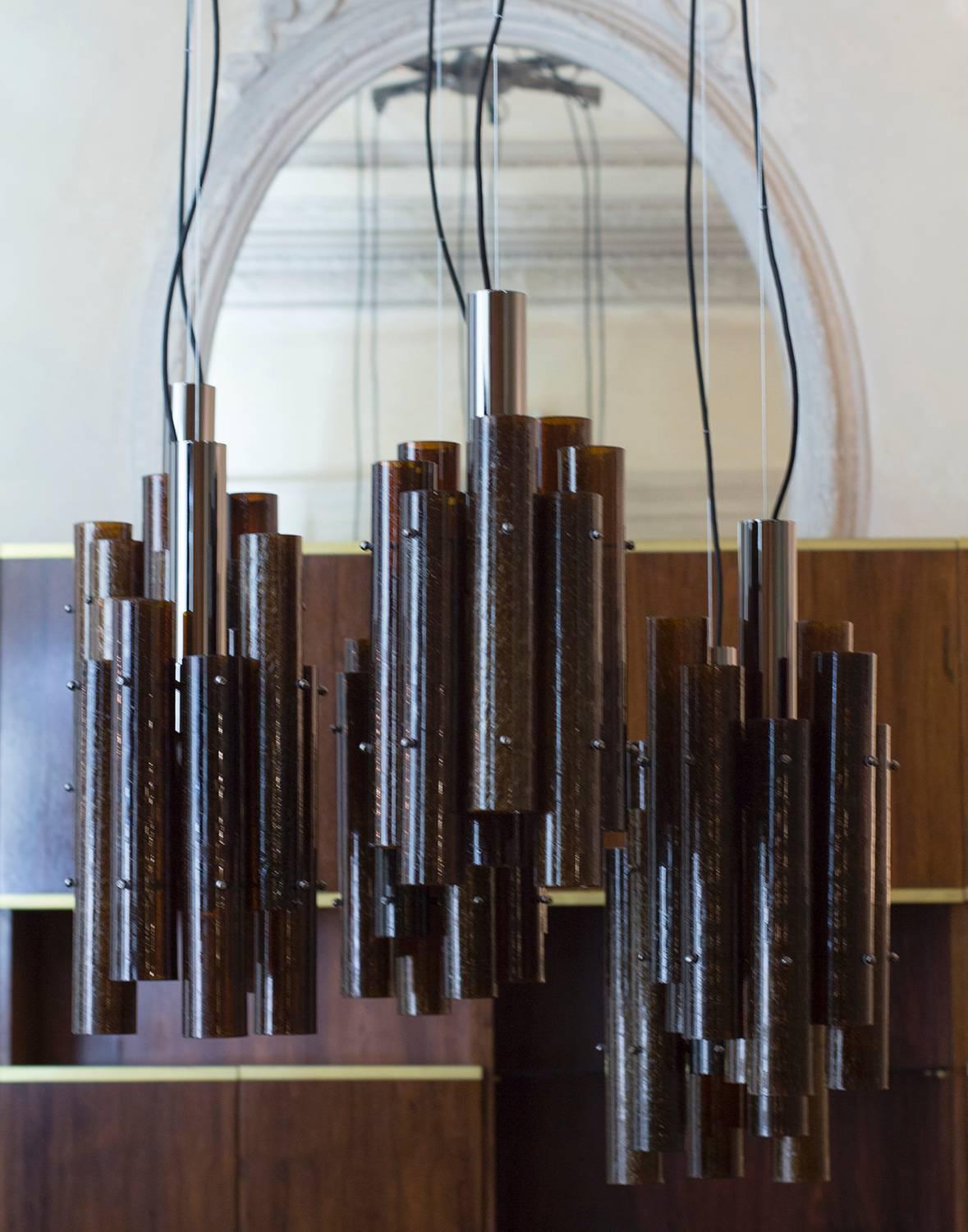 Six elements suspension by Venini exclusively for Flair, dark chrome structure with 
