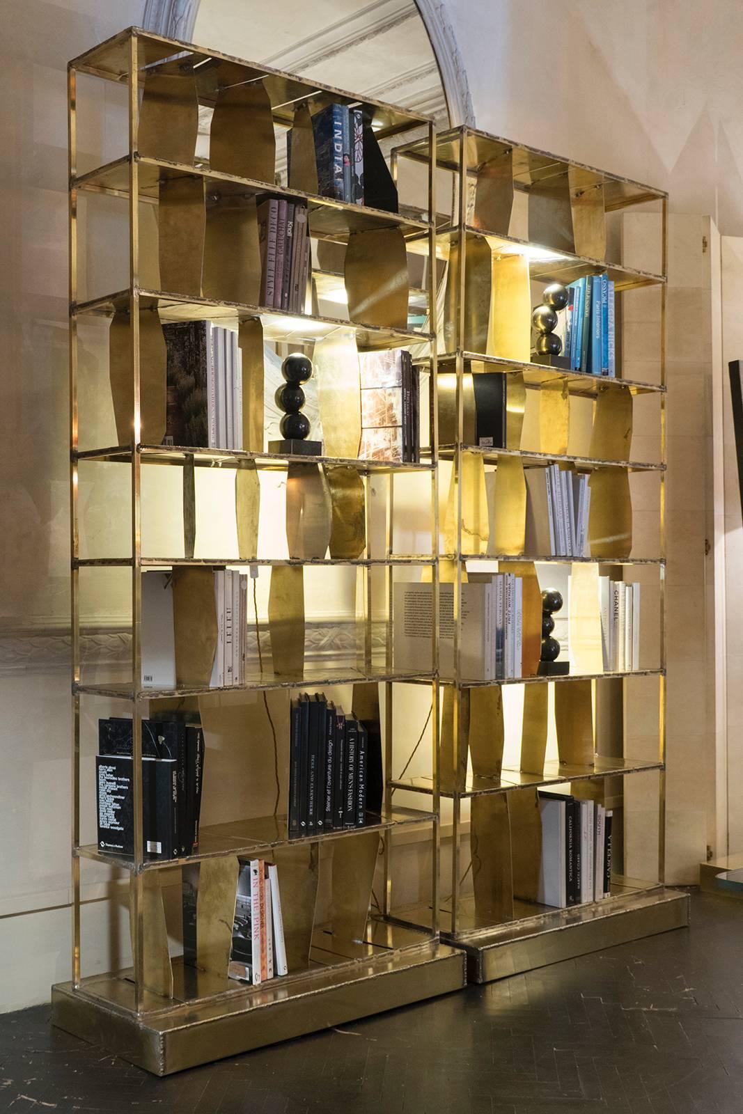 Italian Flair Edition Natural Brutalist Brass Bookcase For Sale
