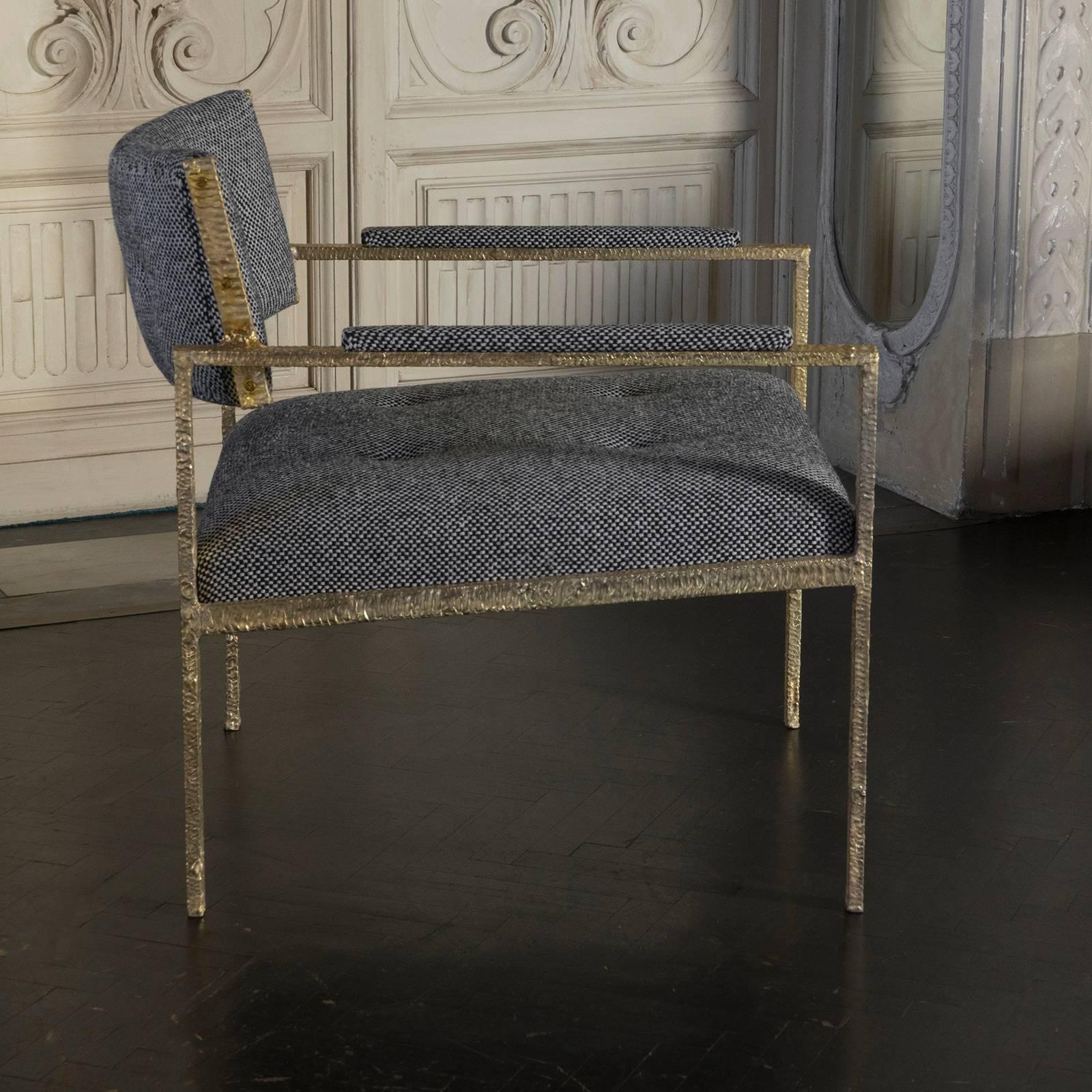 Natural forged brass structure with natural vintage patina, black and white wool fabric.