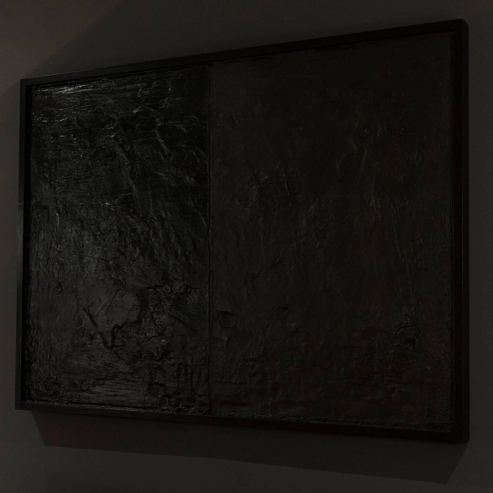 Materic abstract painting, mixed-media on wood, cement, plaster and acrylics, black wood frame, signed and dated 2013.
 