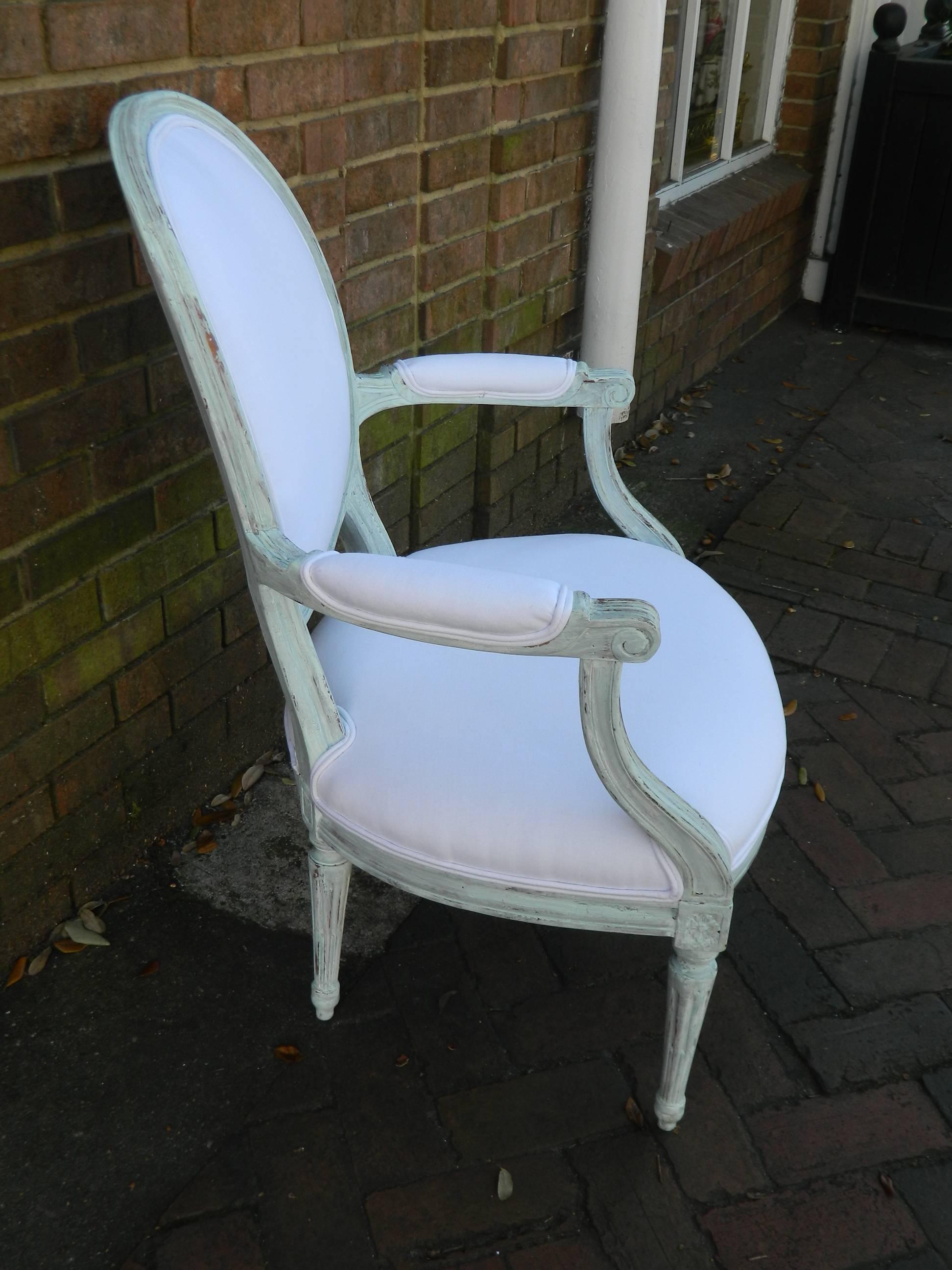 French Pair of Louis XVI Style Painted Open Armchairs, Early 20th Century