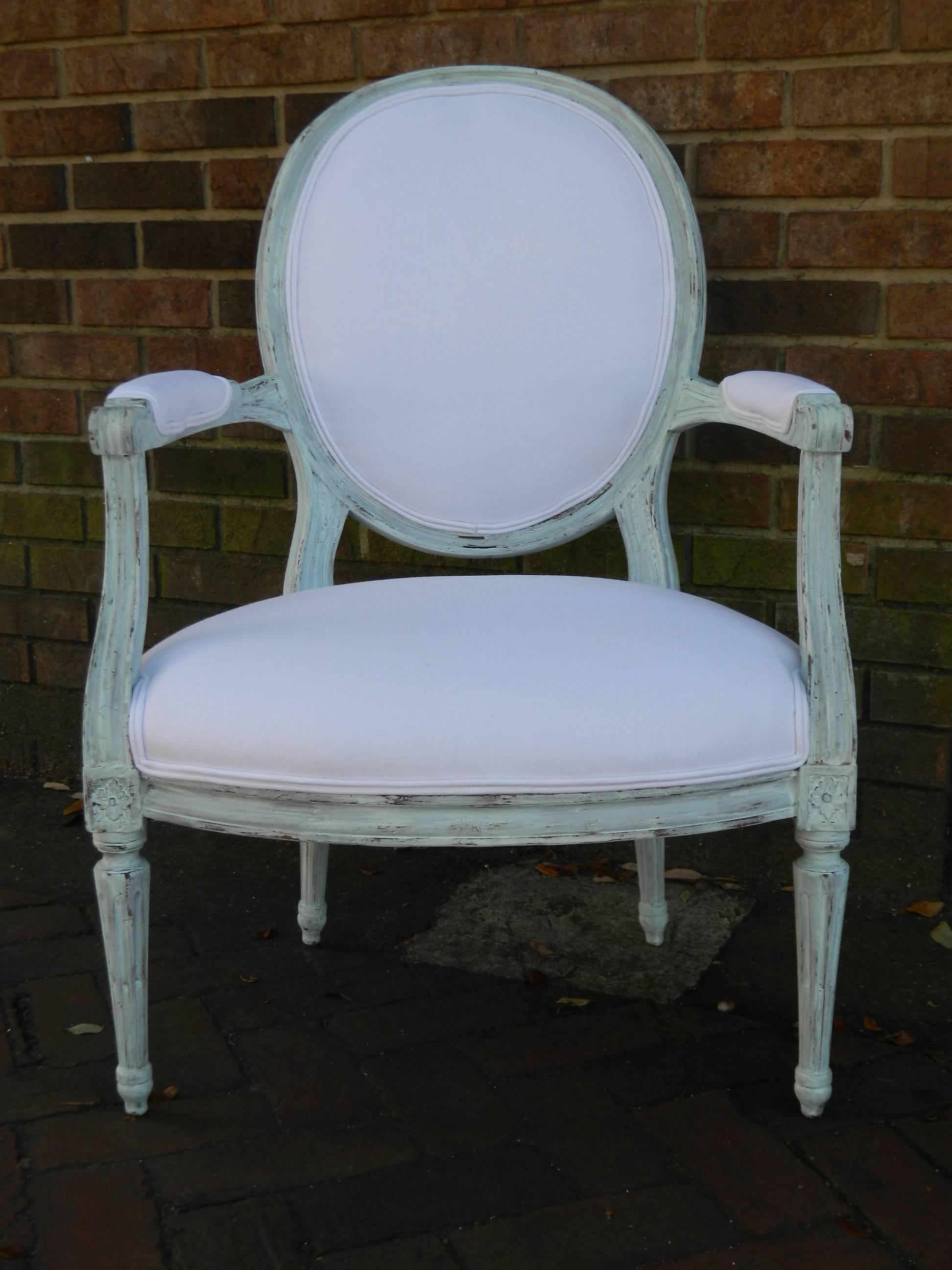 Wood Pair of Louis XVI Style Painted Open Armchairs, Early 20th Century