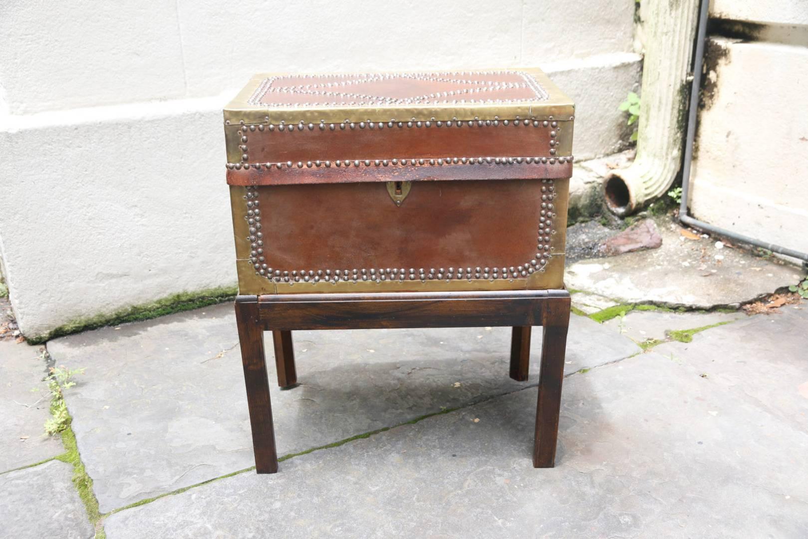 English Brass Bound Leather Trunk on Stand or Side Table, 19th Century 3