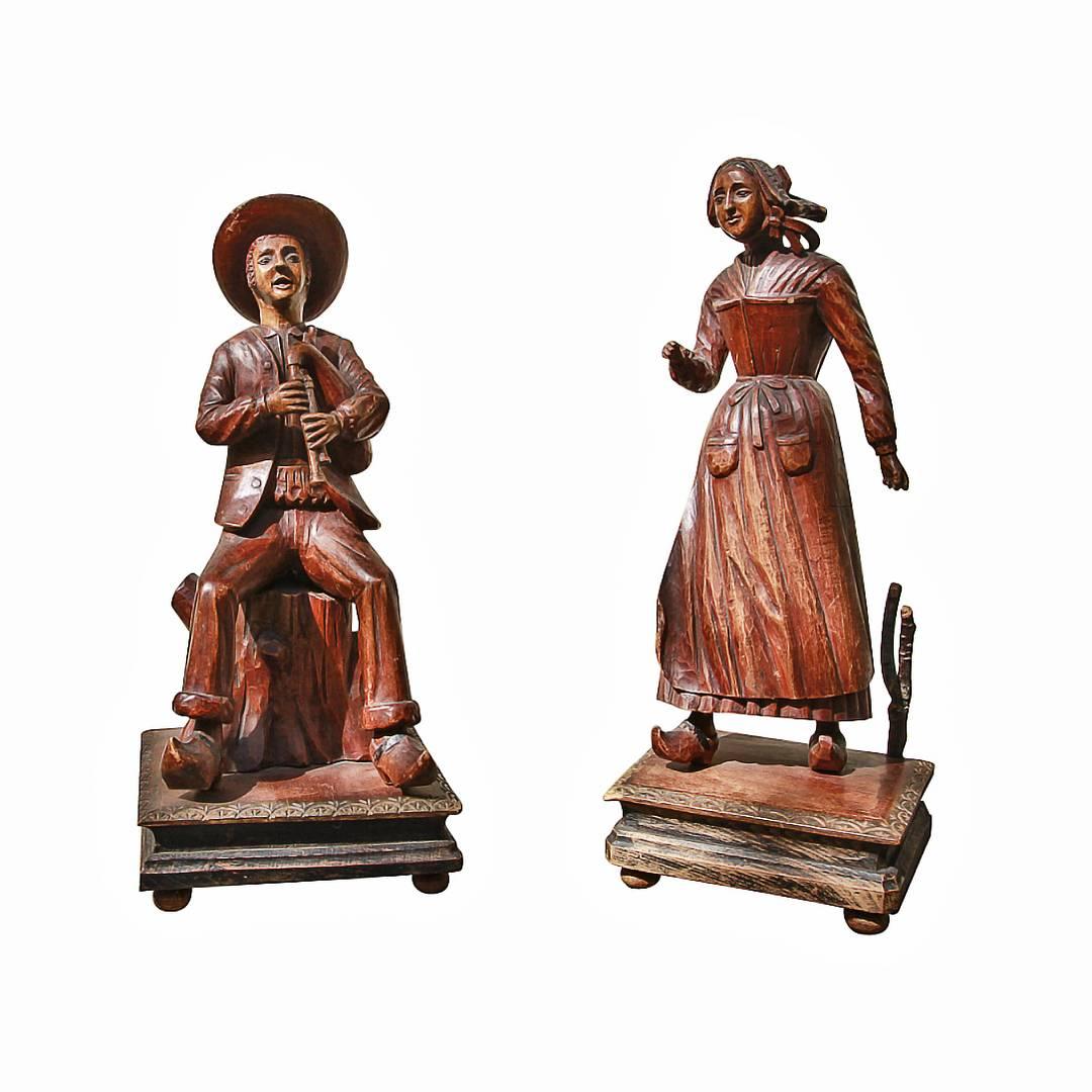 Pair of Dutch Carved Wooden Figures Mounted on Carved Bases, 19th Century