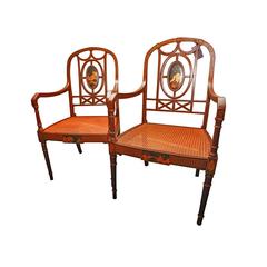 Pair of English Regency Style Lacquered Chinoiserie Cane Armchairs, 19th Century