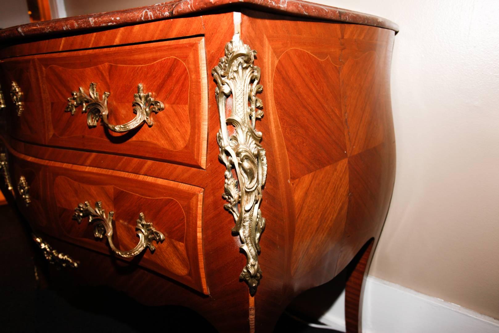 19th Century Louis XV Style Parquetry Inlaid Bombe Commode, Late 19th-Early 20th Century