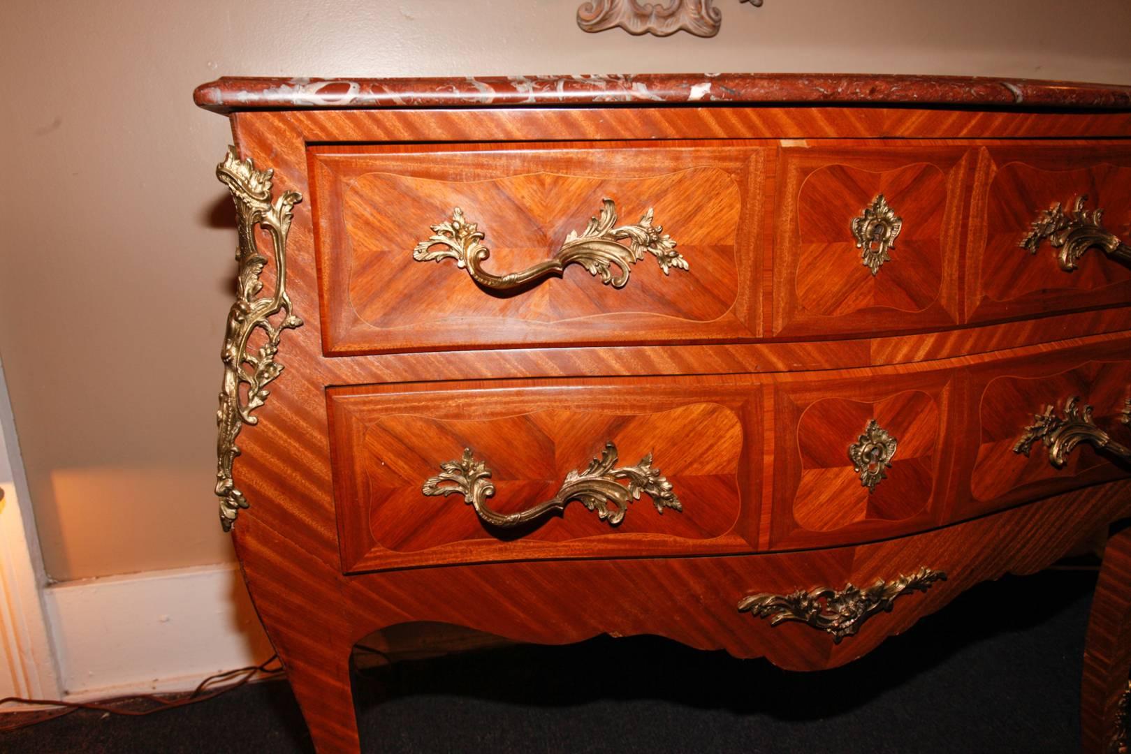 Louis XV Style Parquetry Inlaid Bombe Commode, Late 19th-Early 20th Century 4