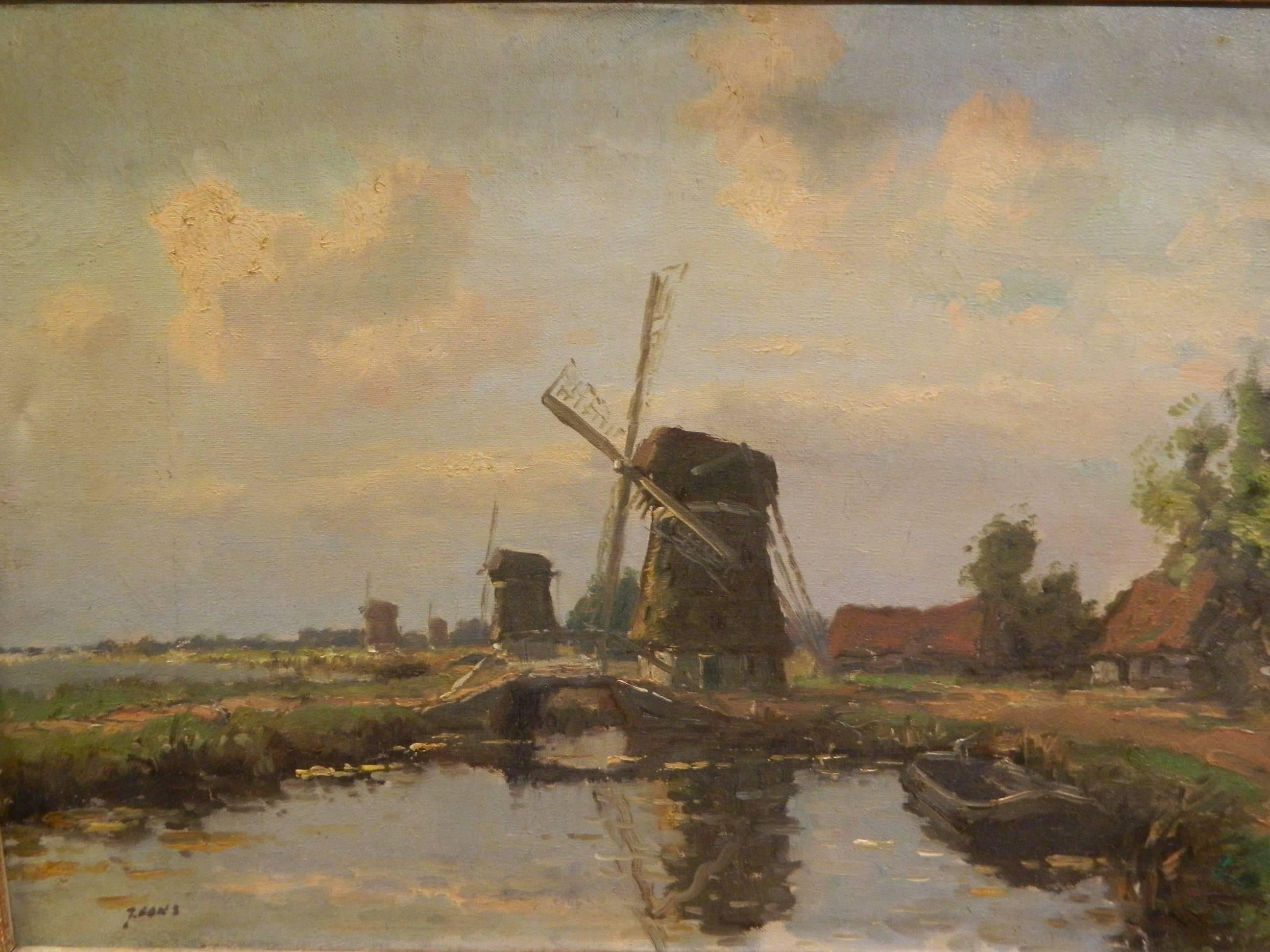Hague Schoolpainting depicting a Dutch windmill along the side of a small canal that meanders through a field. It is rendered in oil and has an 