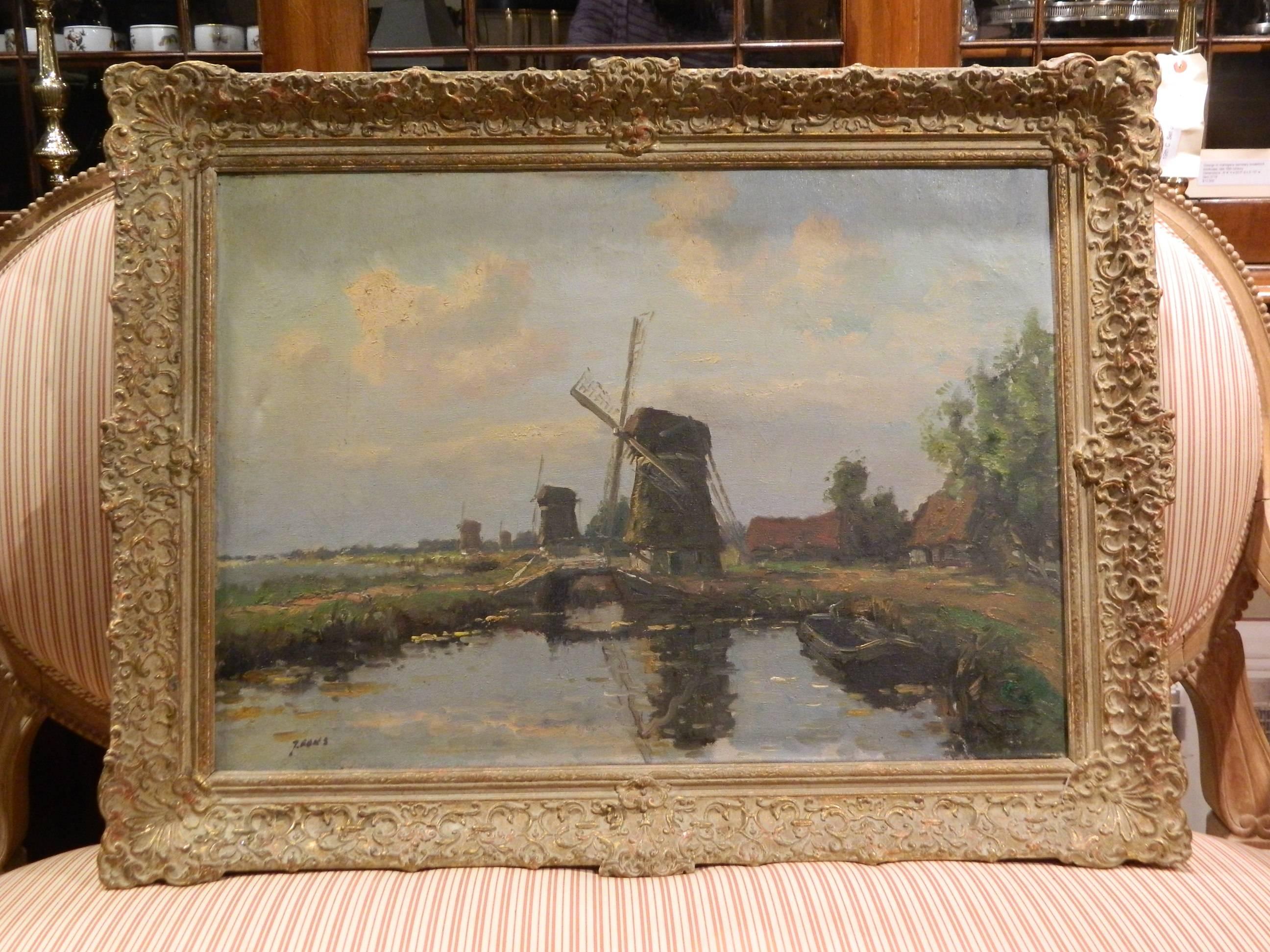 Dutch Hague School Oil on Canvas Depicting a Windmill Along a Canal, 20th Century