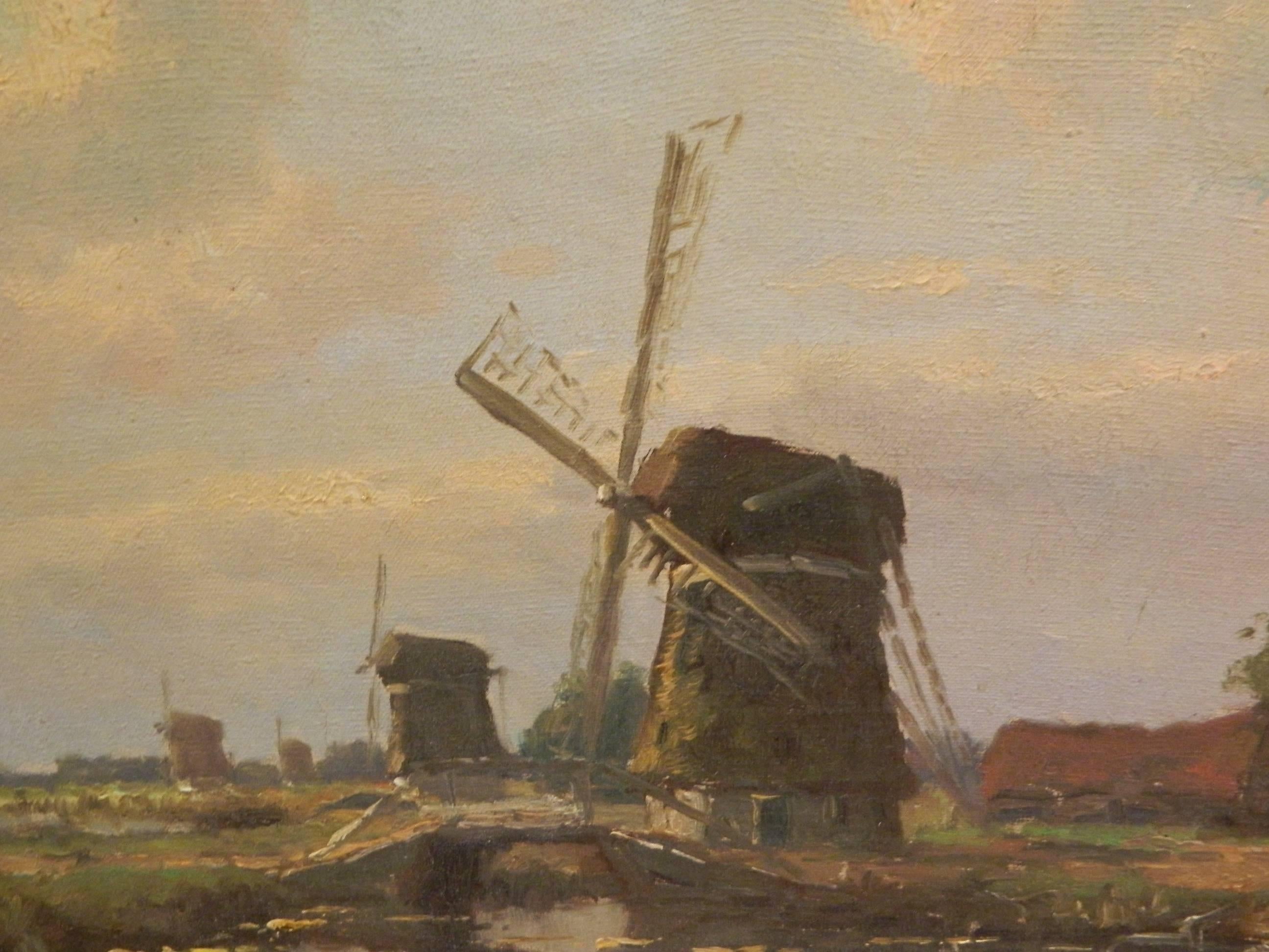 Hague School Oil on Canvas Depicting a Windmill Along a Canal, 20th Century In Excellent Condition In Savannah, GA