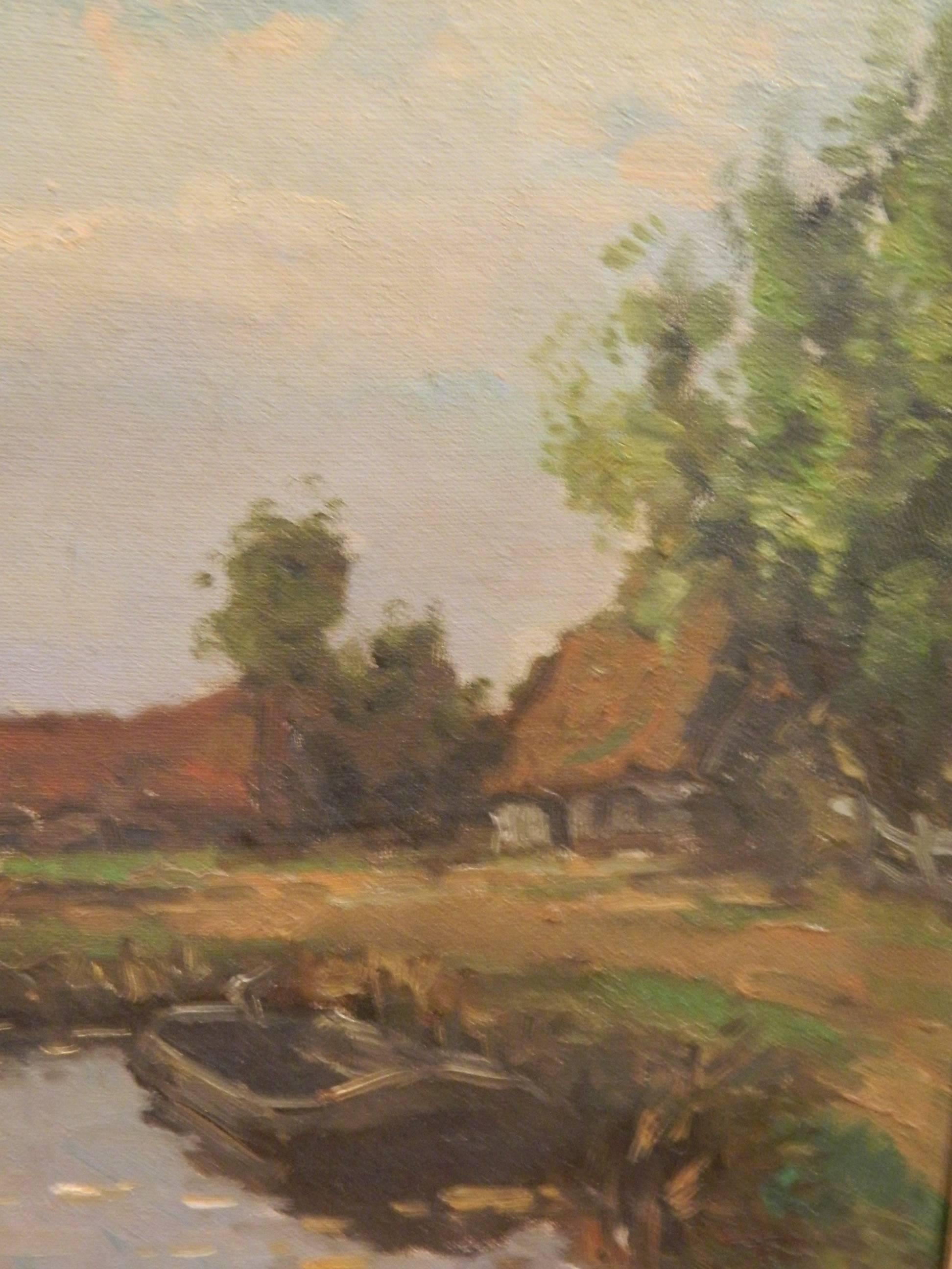 Hague School Oil on Canvas Depicting a Windmill Along a Canal, 20th Century 3