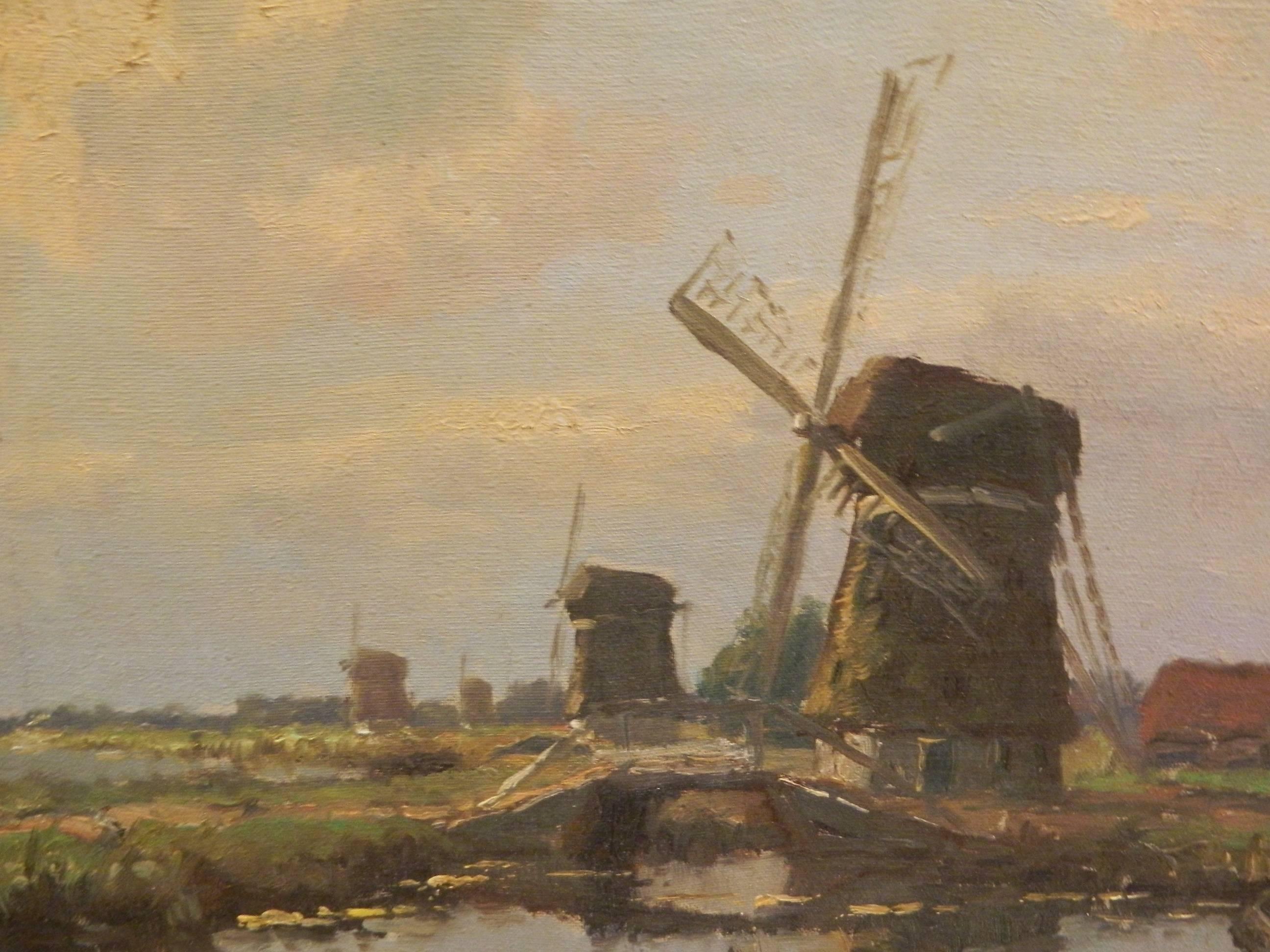Hague School Oil on Canvas Depicting a Windmill Along a Canal, 20th Century 4