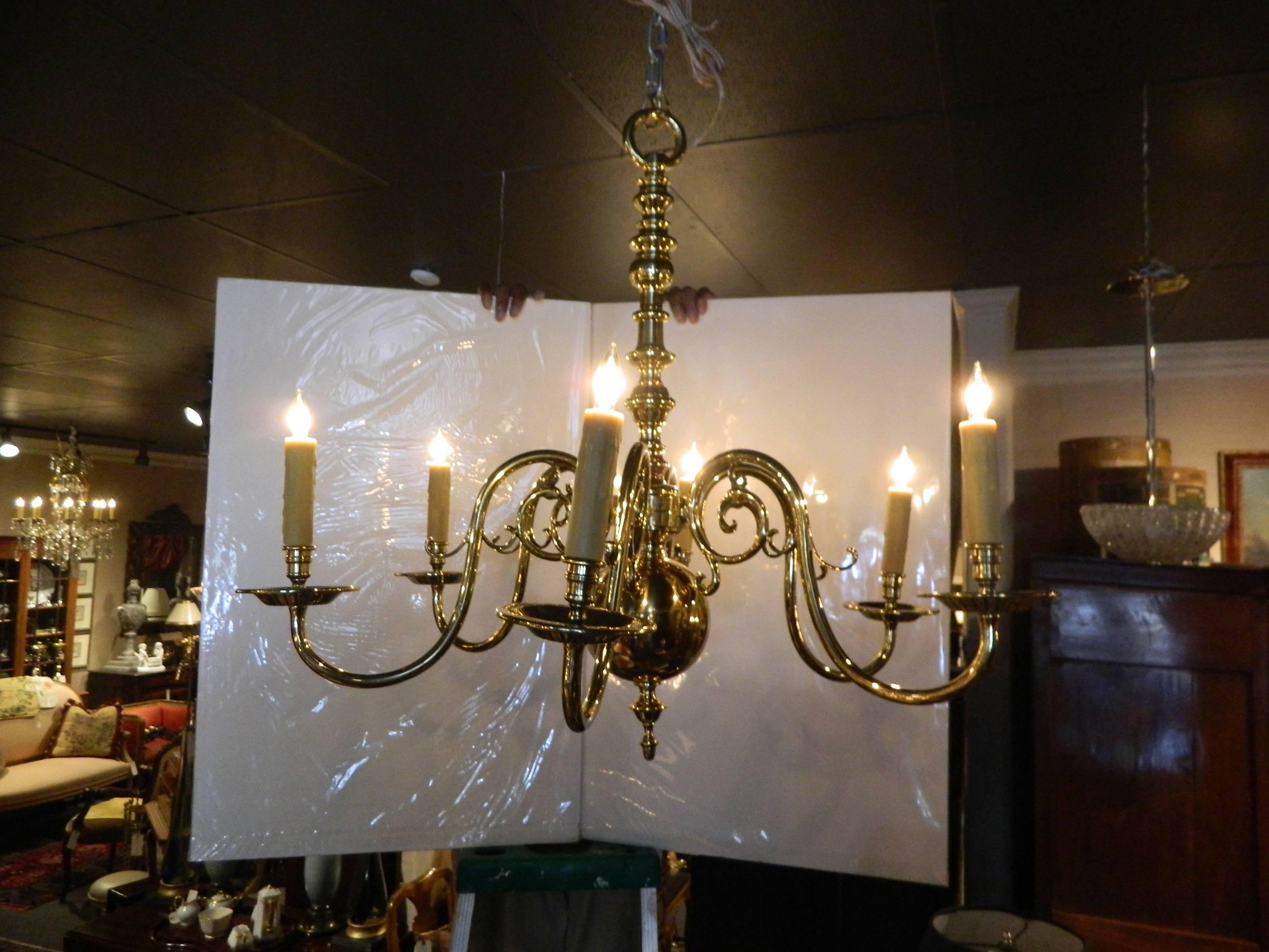 Dutch Style Polished Brass Six-Light Chandelier, 19th Century In Good Condition In Savannah, GA