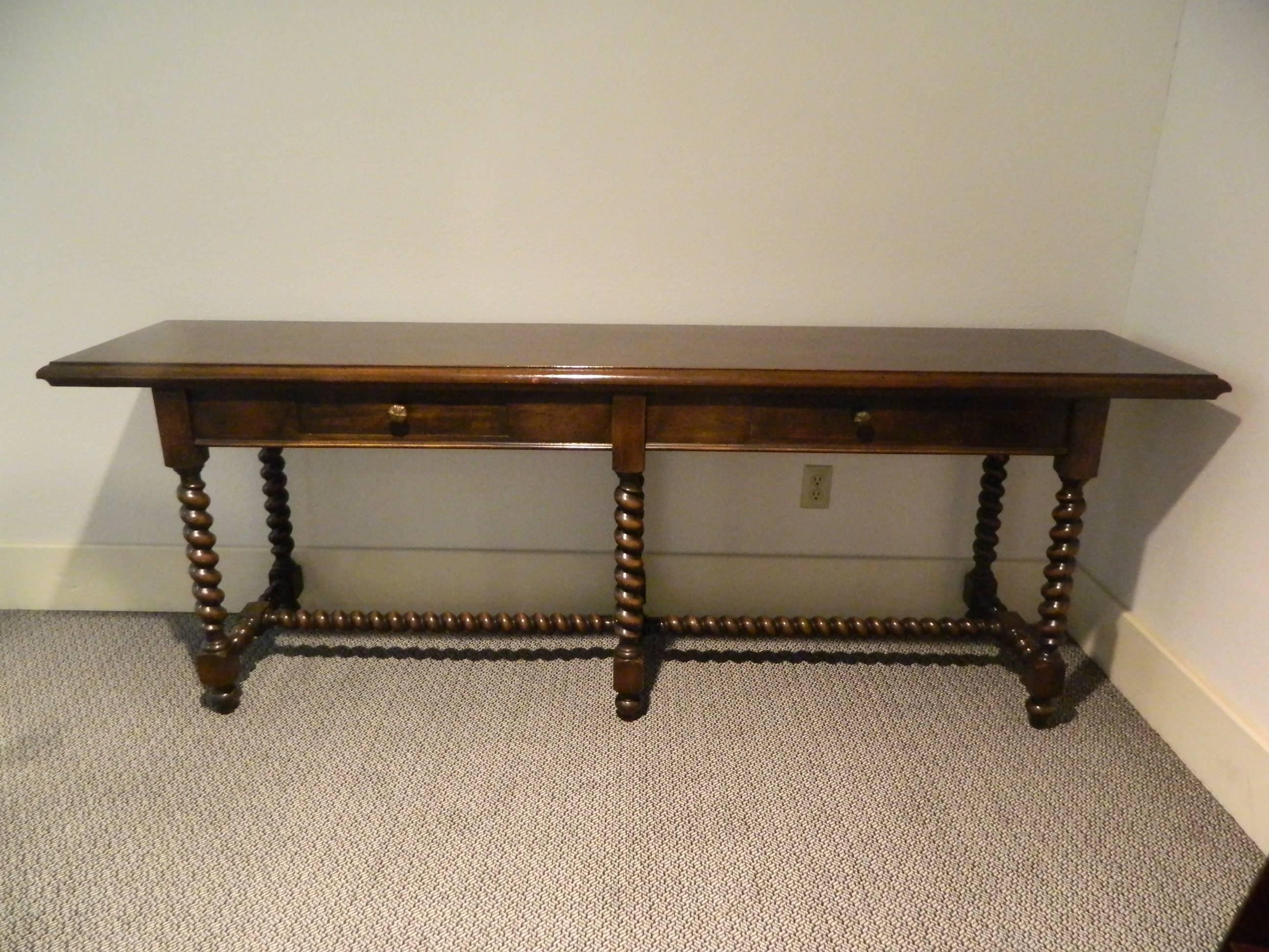English walnut console or serving table with barley twist legs and stretcher, 19th century.
 