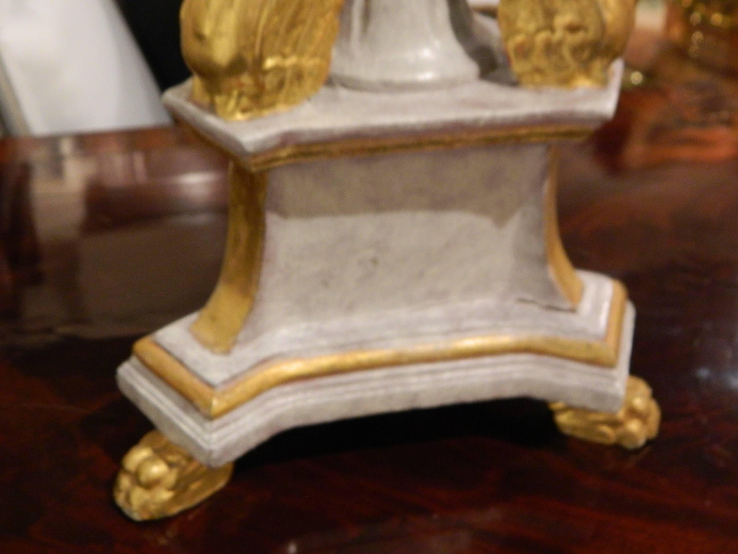 Pair of Italian Painted Wood Candlesticks with Gilded Swans, Early 20th Century In Excellent Condition In Savannah, GA