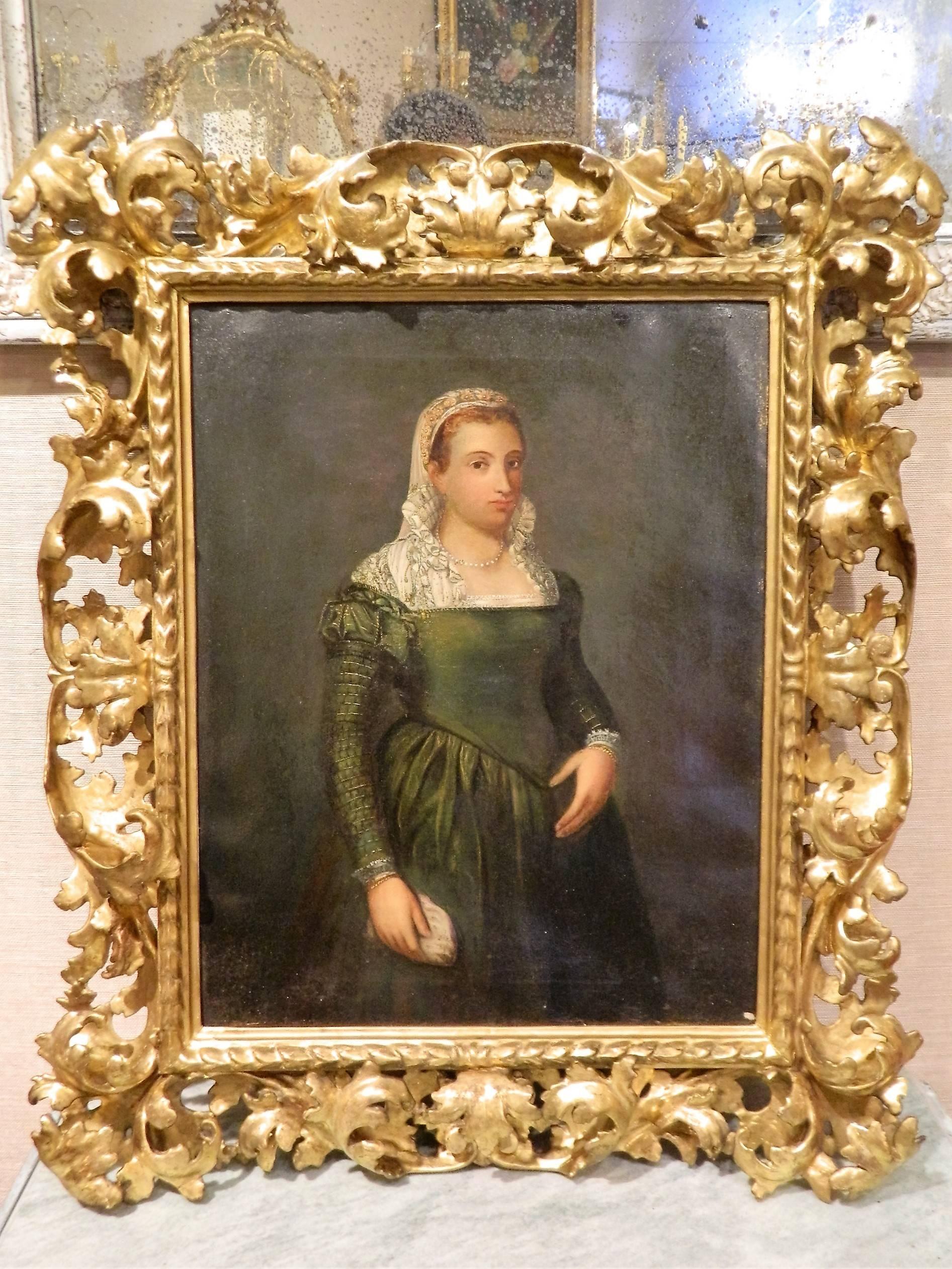 Oil on Canvas English Portrait of a Lady in a Gold Gilt Frame, 19th Century 3