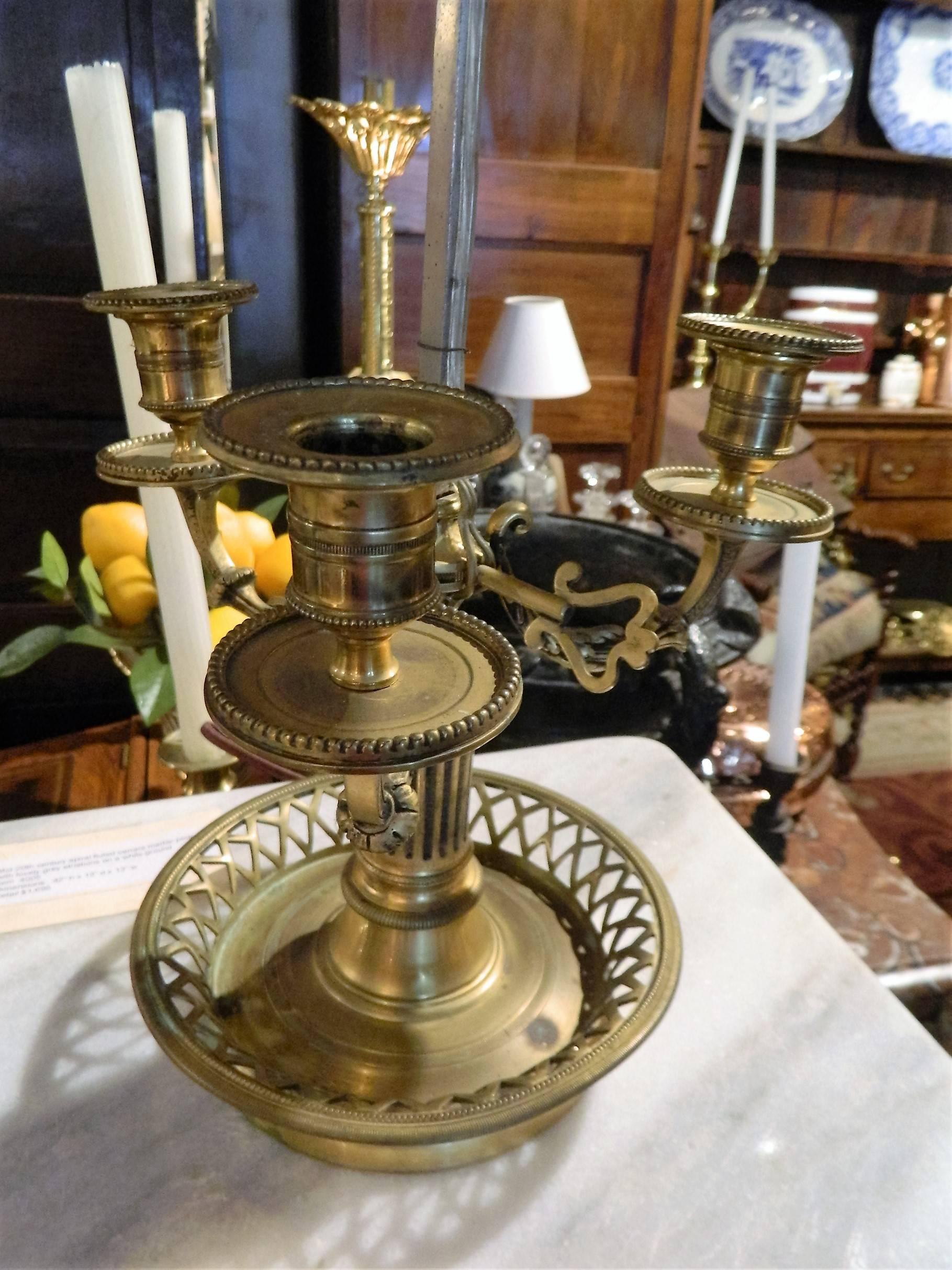 19th Century Brass Bouillotte Lamp with a Reticulated Base, Late 19th-Early 20th Century  