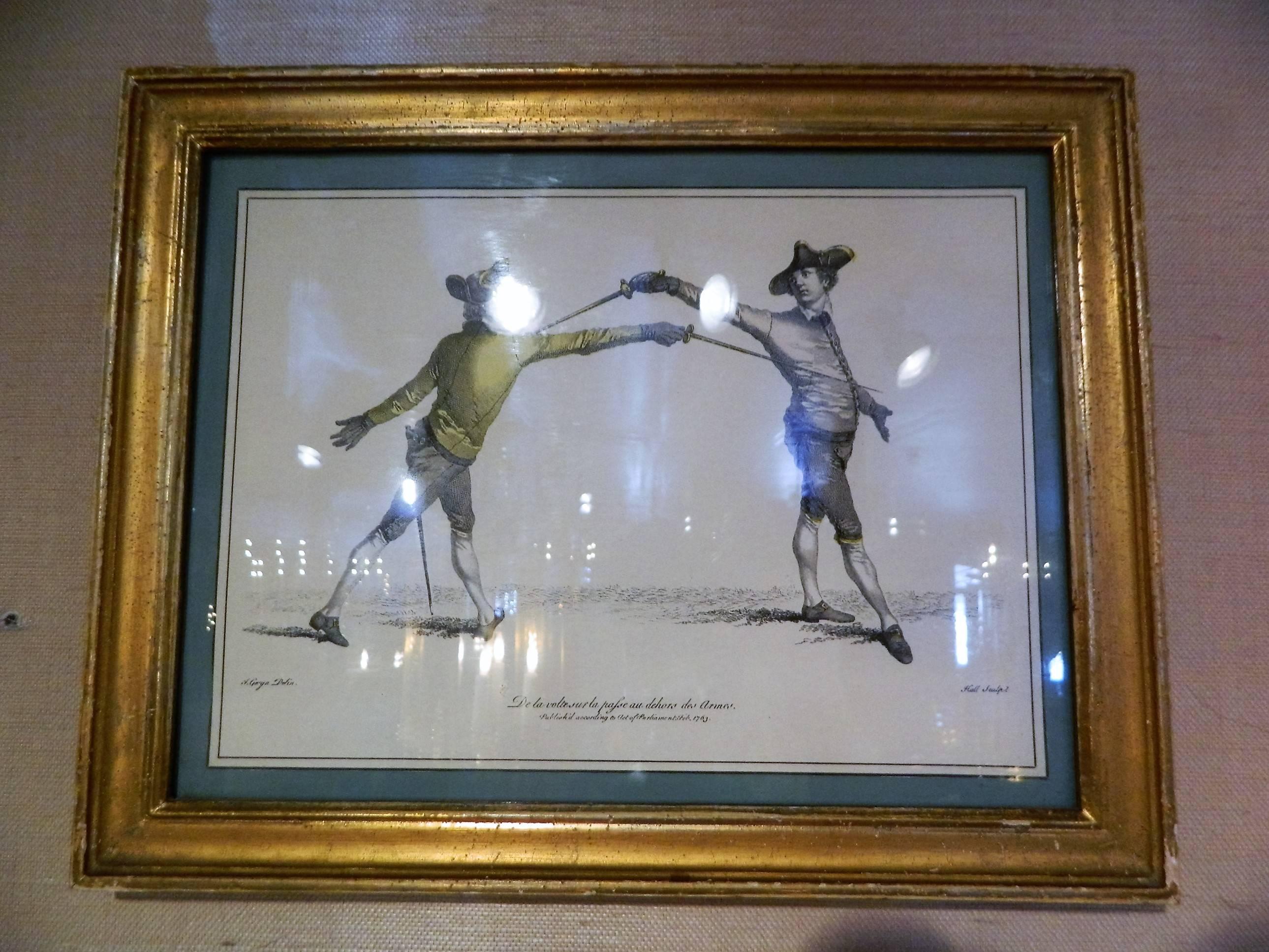 Set of four framed French prints of men fencing, circa 1763.