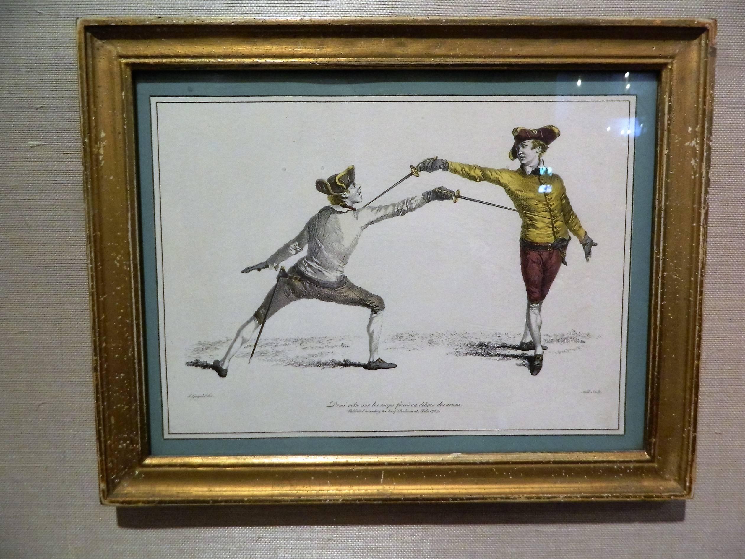 Set of Four Gilded Framed French Prints of Soldiers Fencing, circa 1763 In Excellent Condition In Savannah, GA