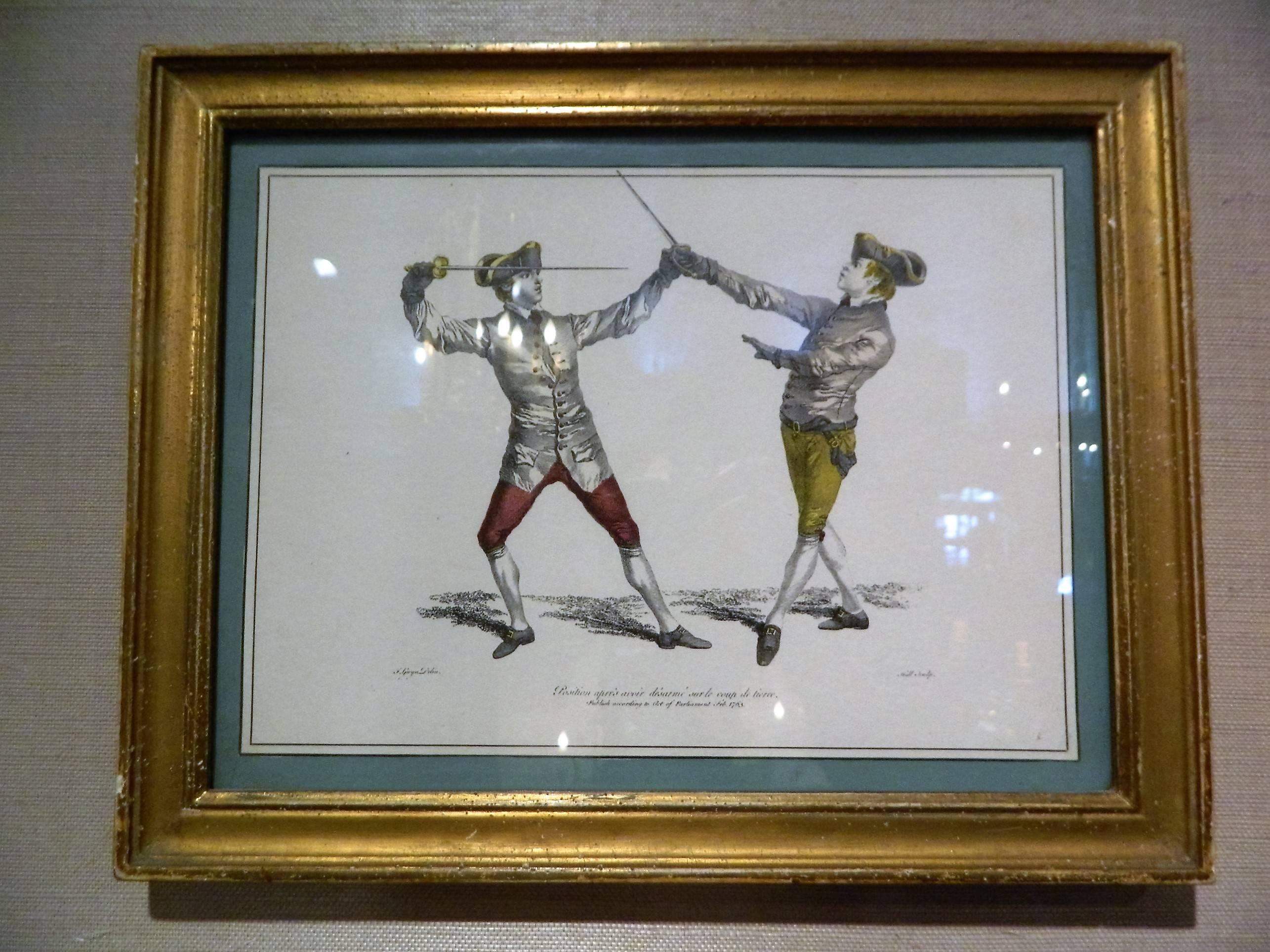 19th Century Set of Four Gilded Framed French Prints of Soldiers Fencing, circa 1763