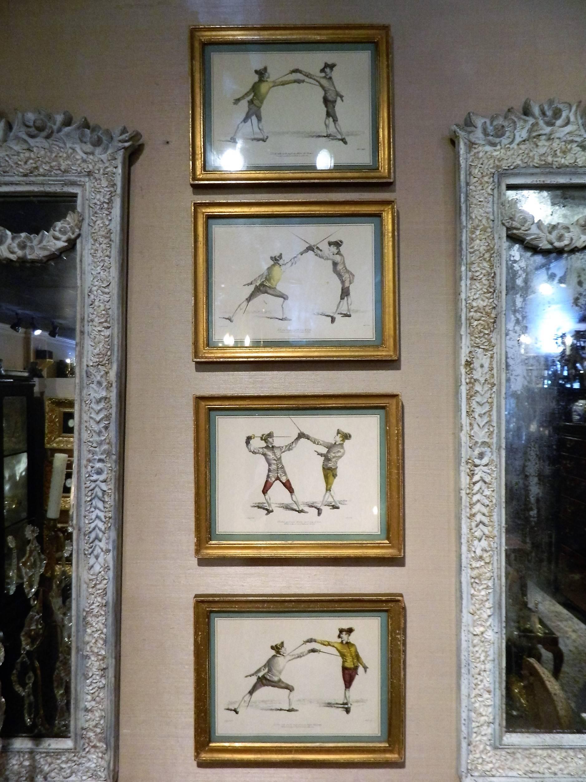 Set of Four Gilded Framed French Prints of Soldiers Fencing, circa 1763 1