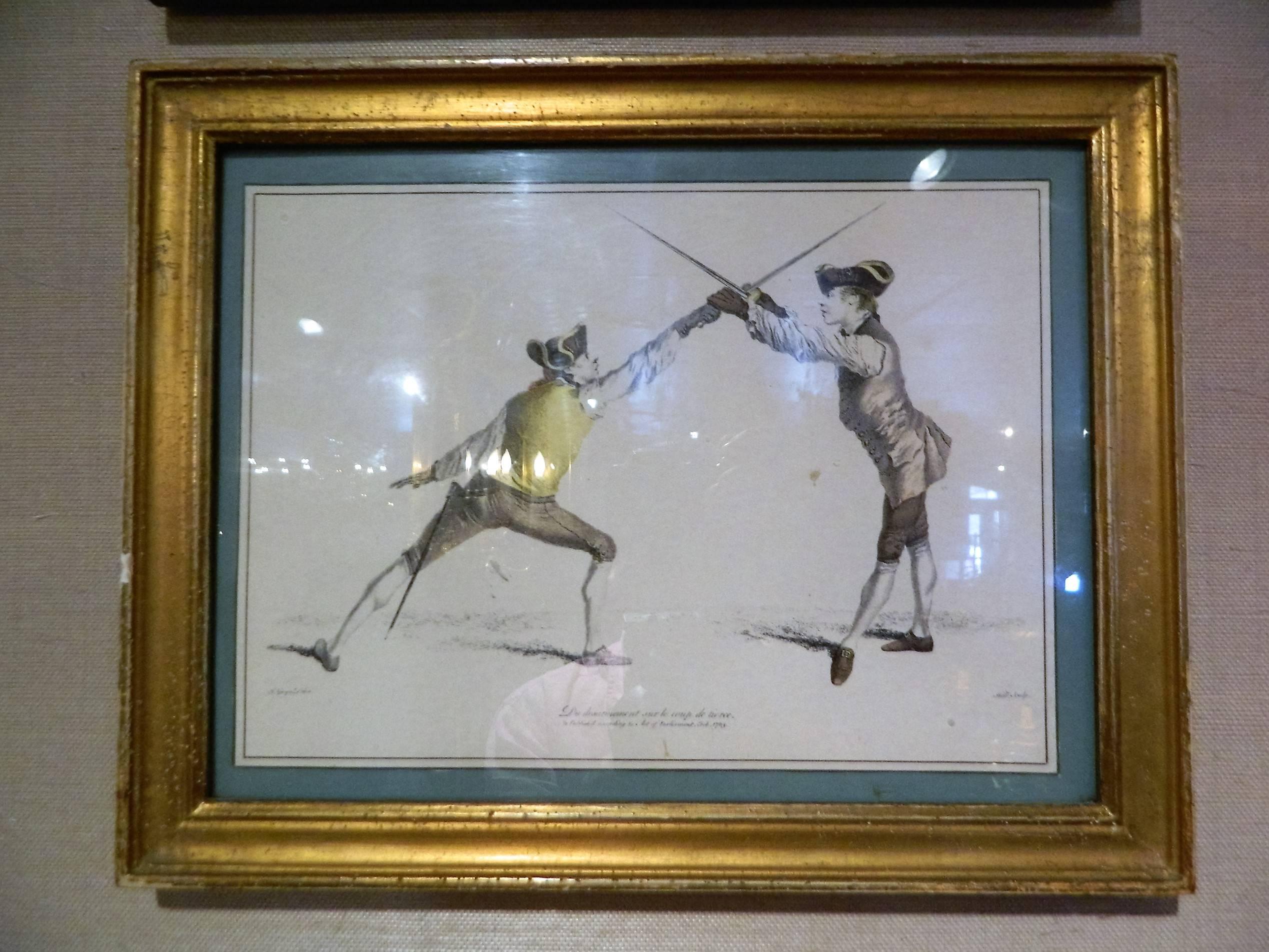 Set of Four Gilded Framed French Prints of Soldiers Fencing, circa 1763 2