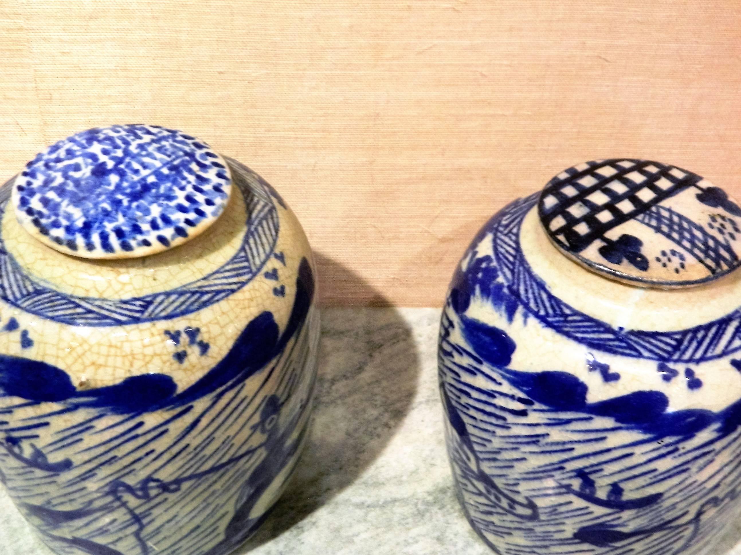 Porcelain Pair of Blue and White Chinese Ginger Jar with Lids, 20th Century