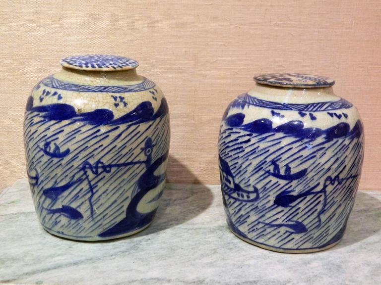 Pair of Blue and White Chinese Ginger Jar with Lids, 20th Century For Sale 3