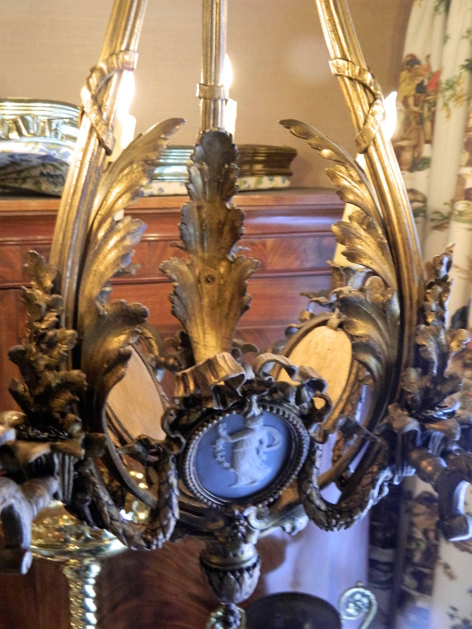 Louis XV Style Gilt-Metal Chandelier with Jasperware Plaques, 19th Century In Excellent Condition In Savannah, GA