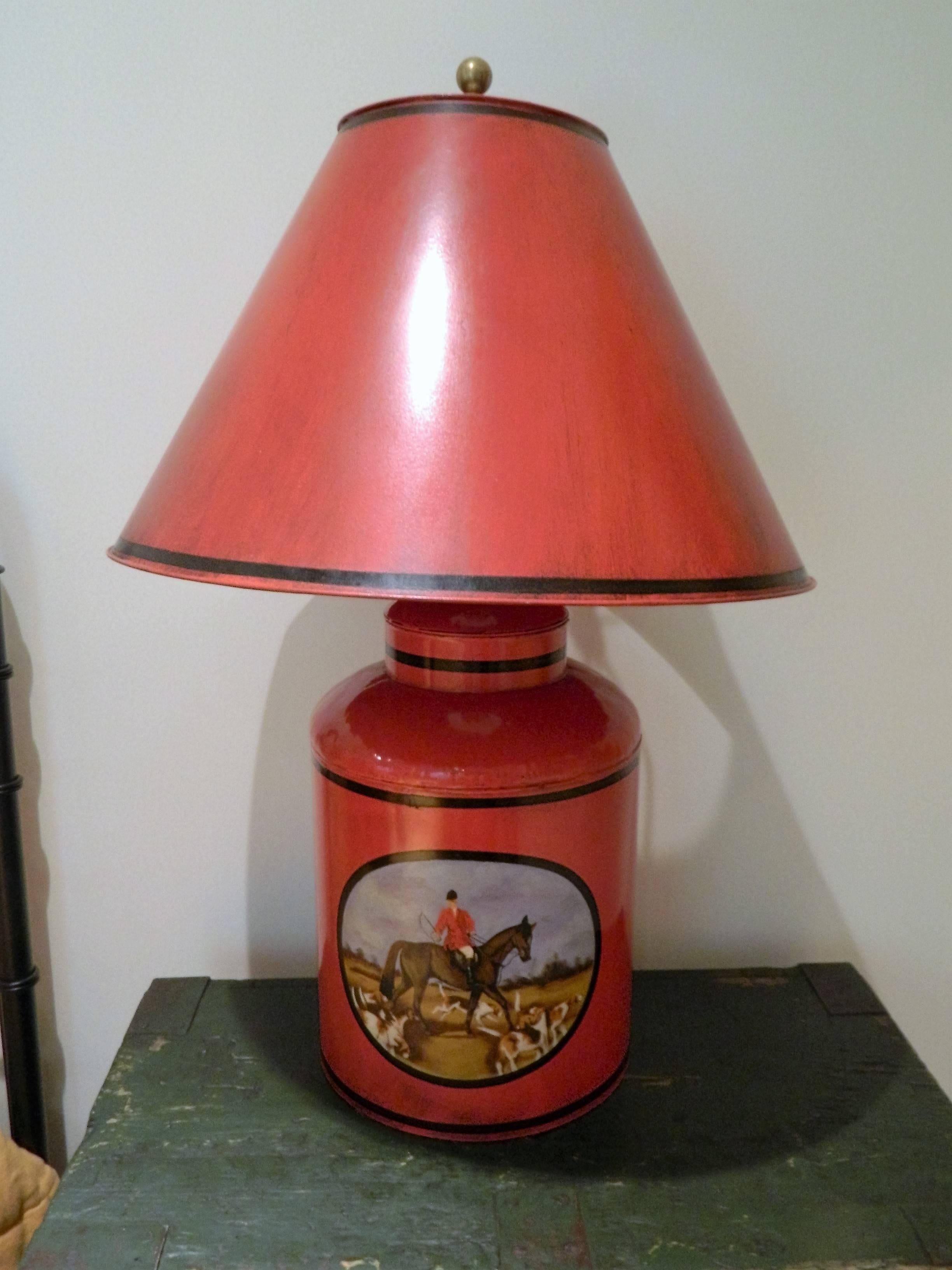 Pair of painted tole canisters adapted as lamps with horse scenes, 20th century.
               