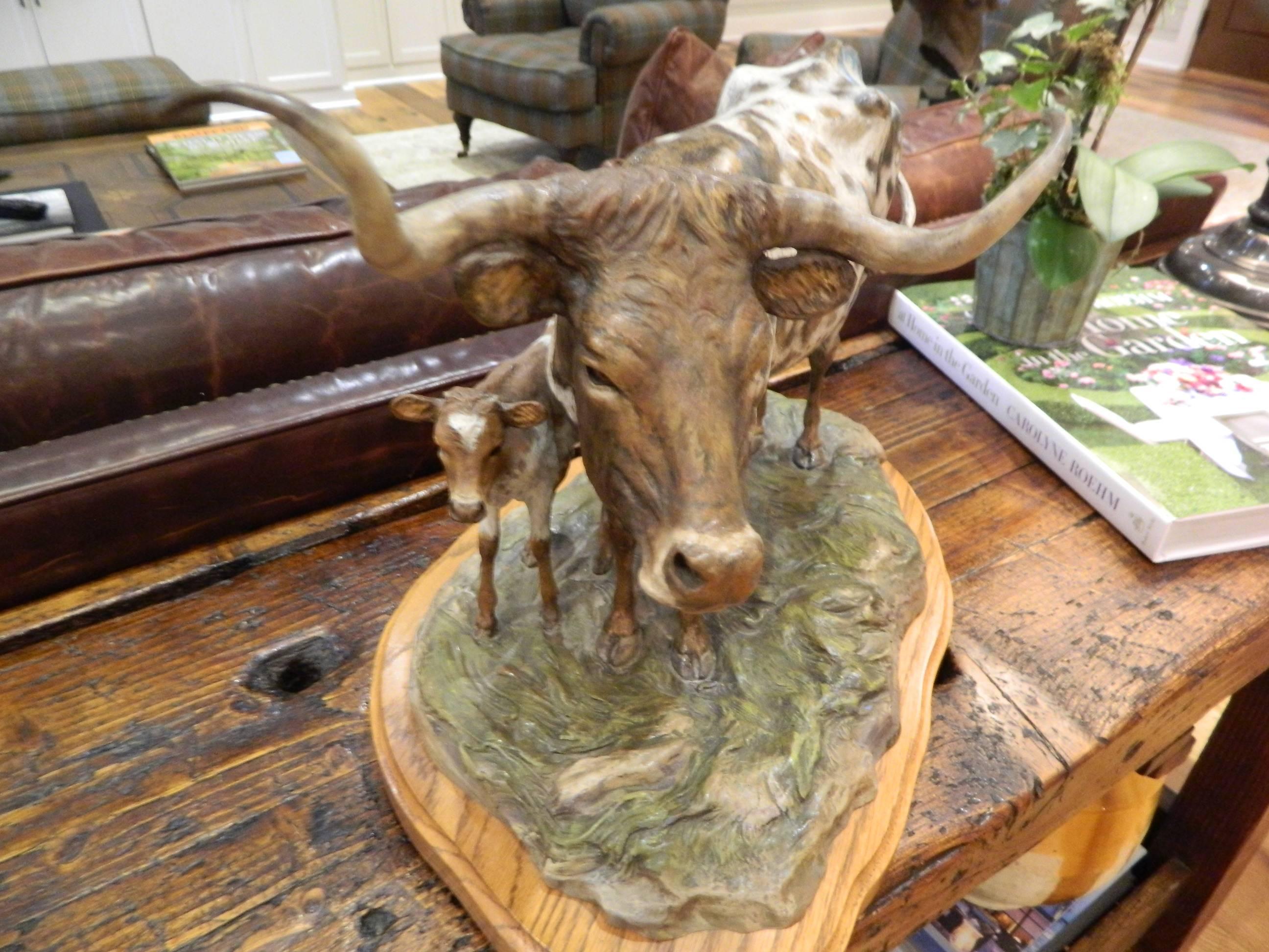 Hand Painted Bronze Sculpture of a Cow and Calf by Vel Miller , 20th Century In Excellent Condition In Savannah, GA