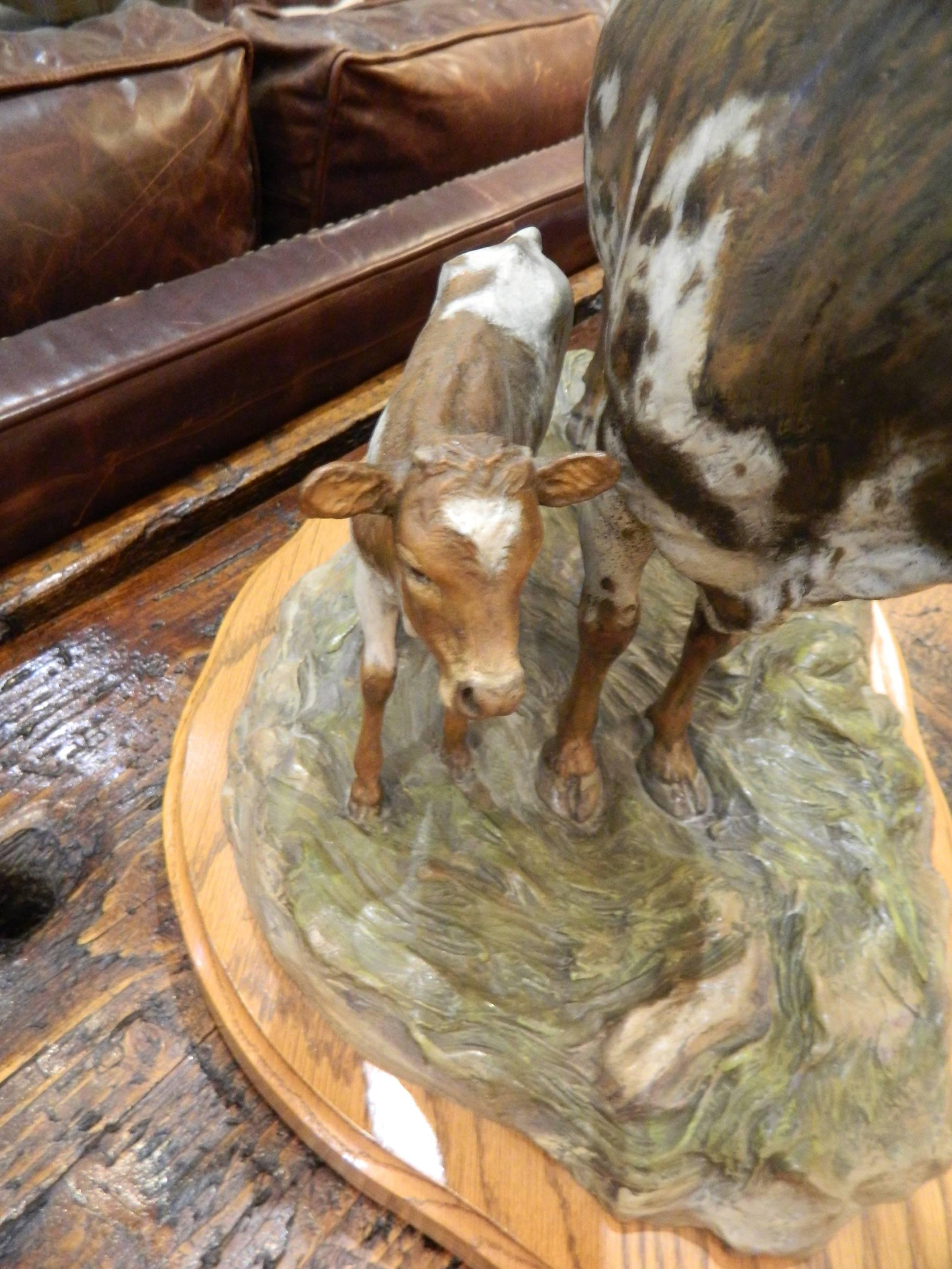 Hand Painted Bronze Sculpture of a Cow and Calf by Vel Miller , 20th Century 1