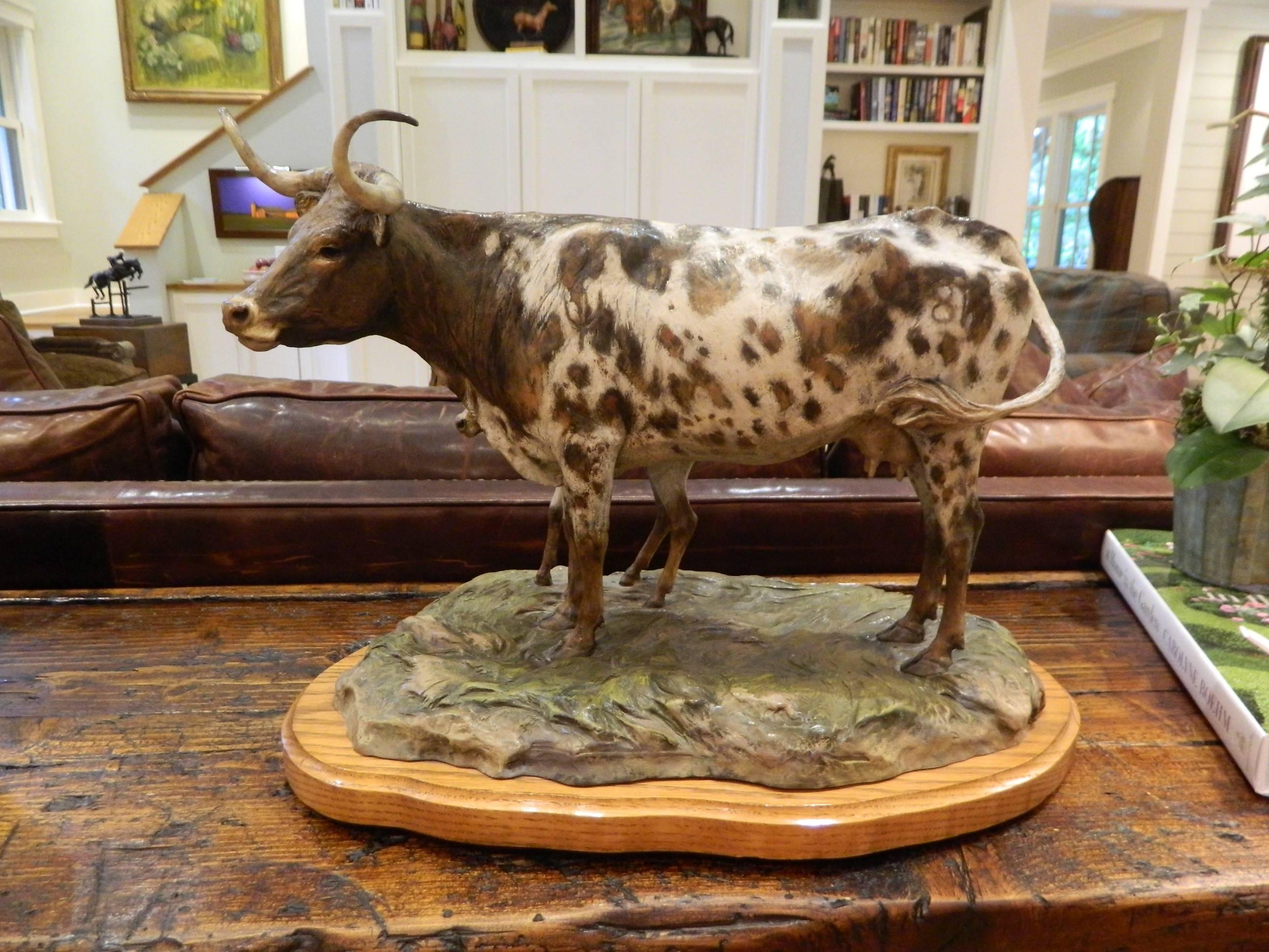 Hand Painted Bronze Sculpture of a Cow and Calf by Vel Miller , 20th Century 2