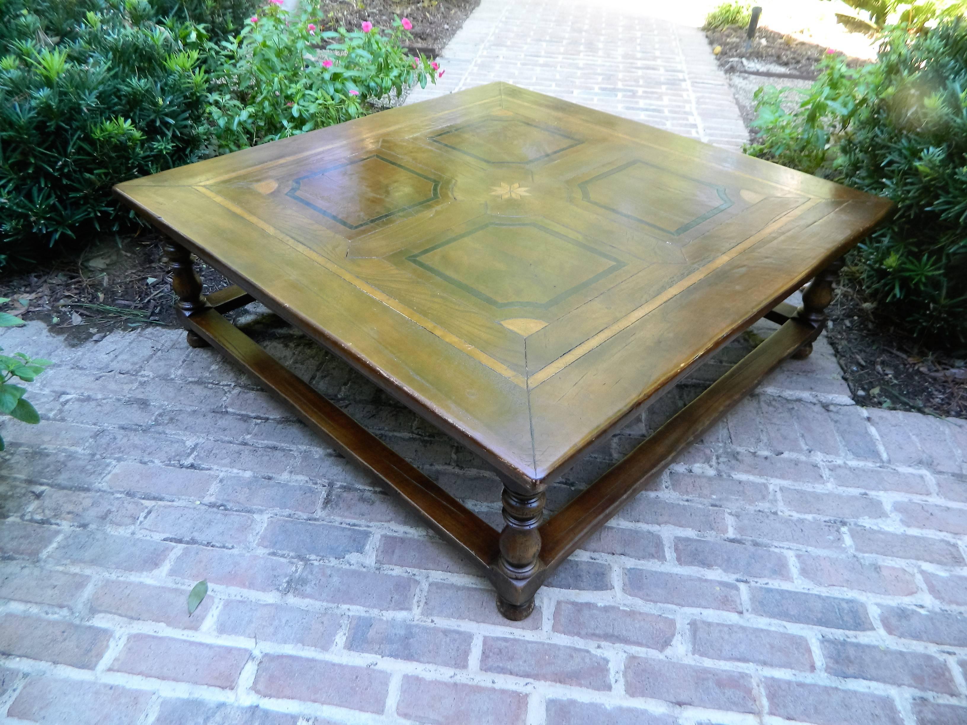 American Large Square Coffee Table with Inlay Design, 20th Century