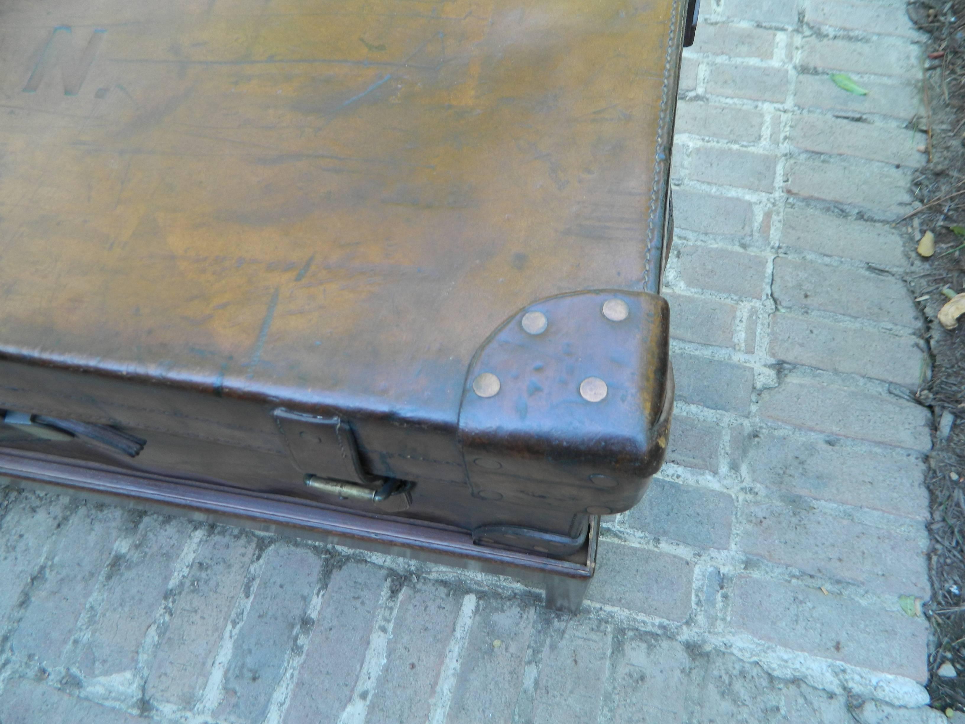 English Leather Trunk Adapted as a Coffee Table on a Wood Base, 19th Century In Good Condition In Savannah, GA