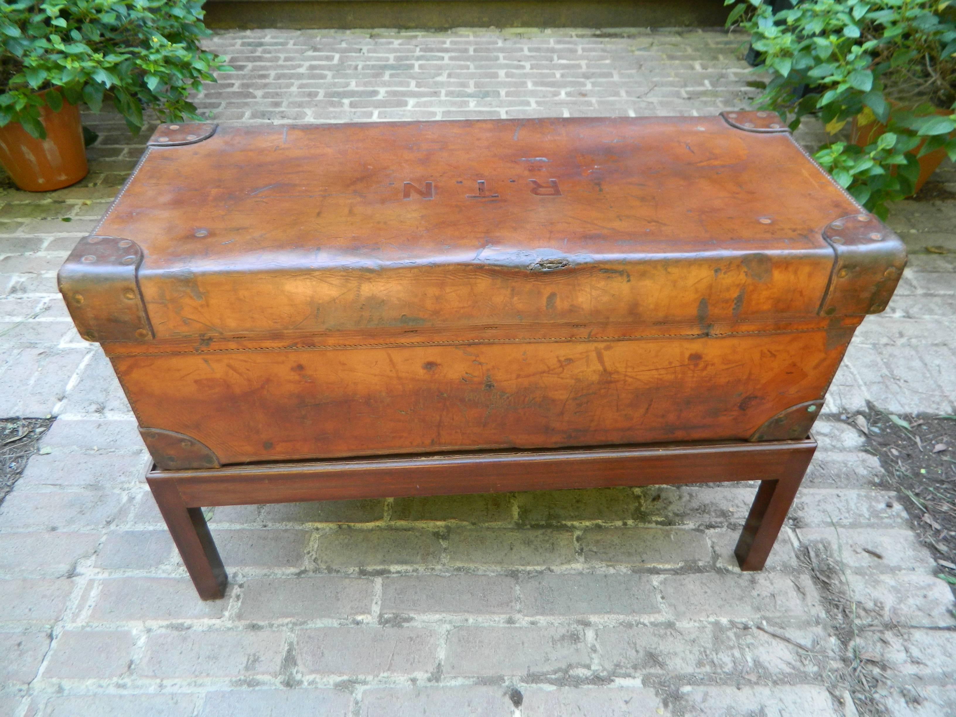 English Leather Trunk Adapted as a Coffee Table on a Wood Base, 19th Century 2