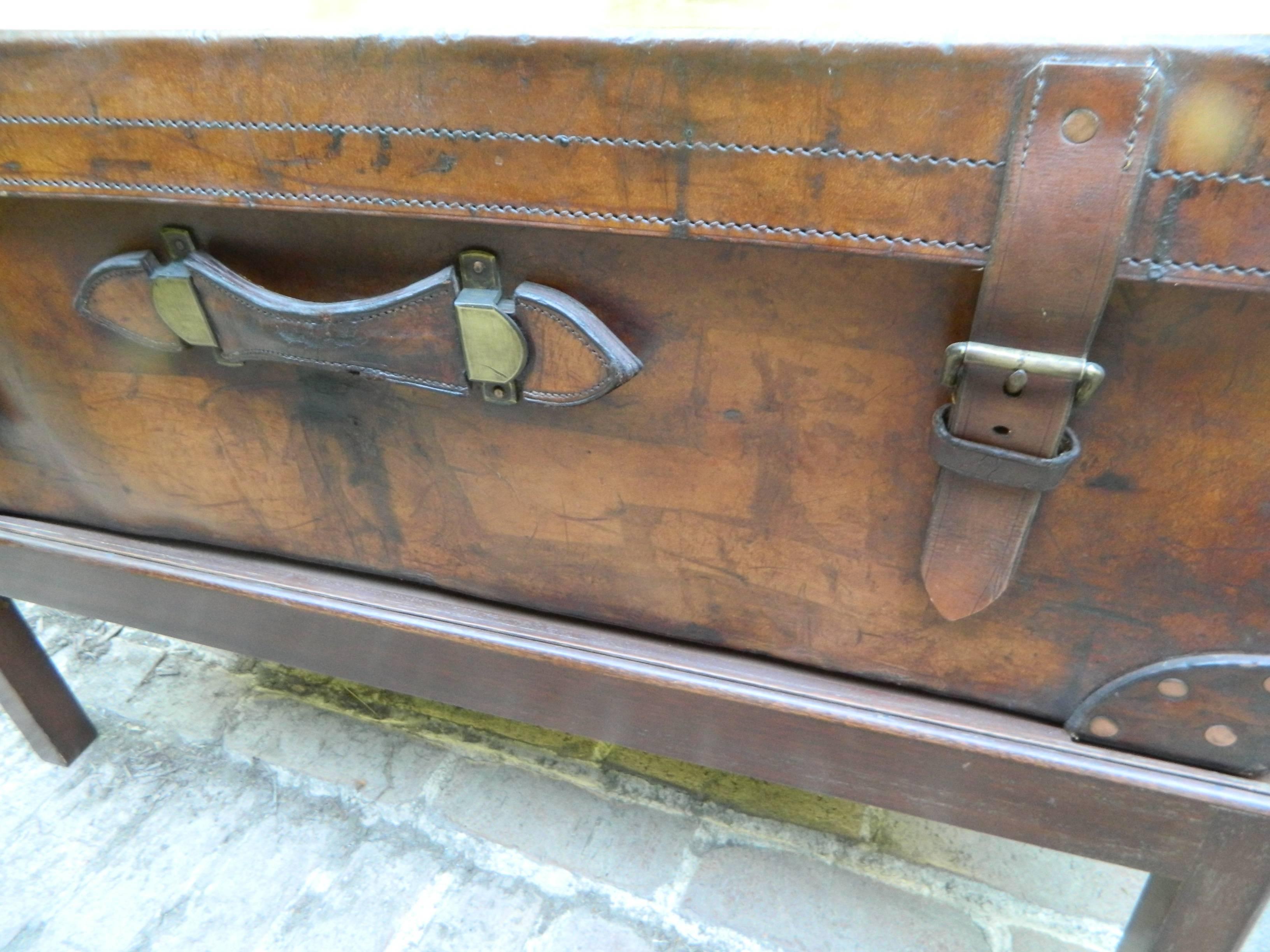 English Leather Trunk Adapted as a Coffee Table on a Wood Base, 19th Century 3