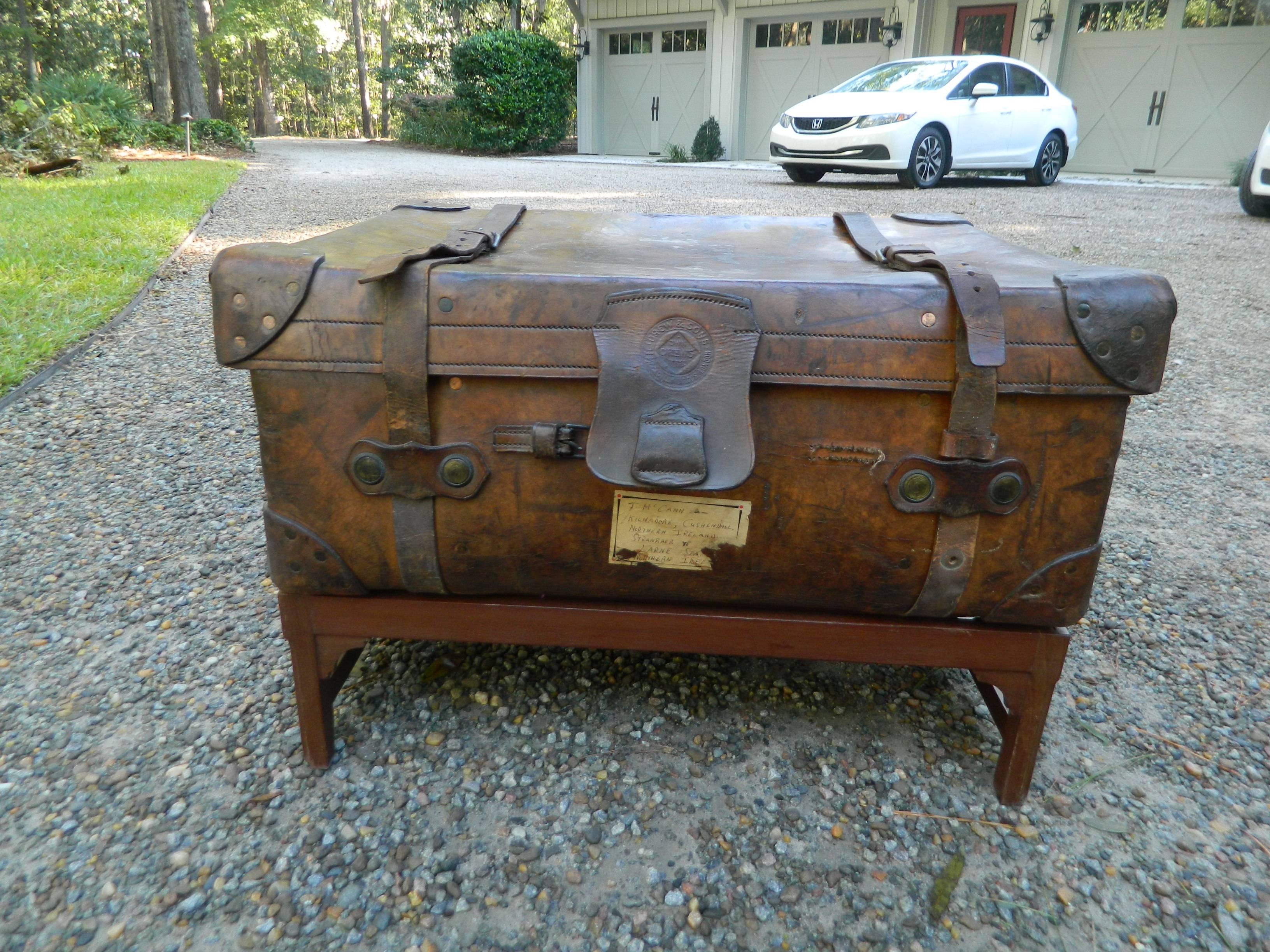 English Leather Suitcase Adapted as a Coffee Table on Stand, 19th Century In Good Condition For Sale In Savannah, GA