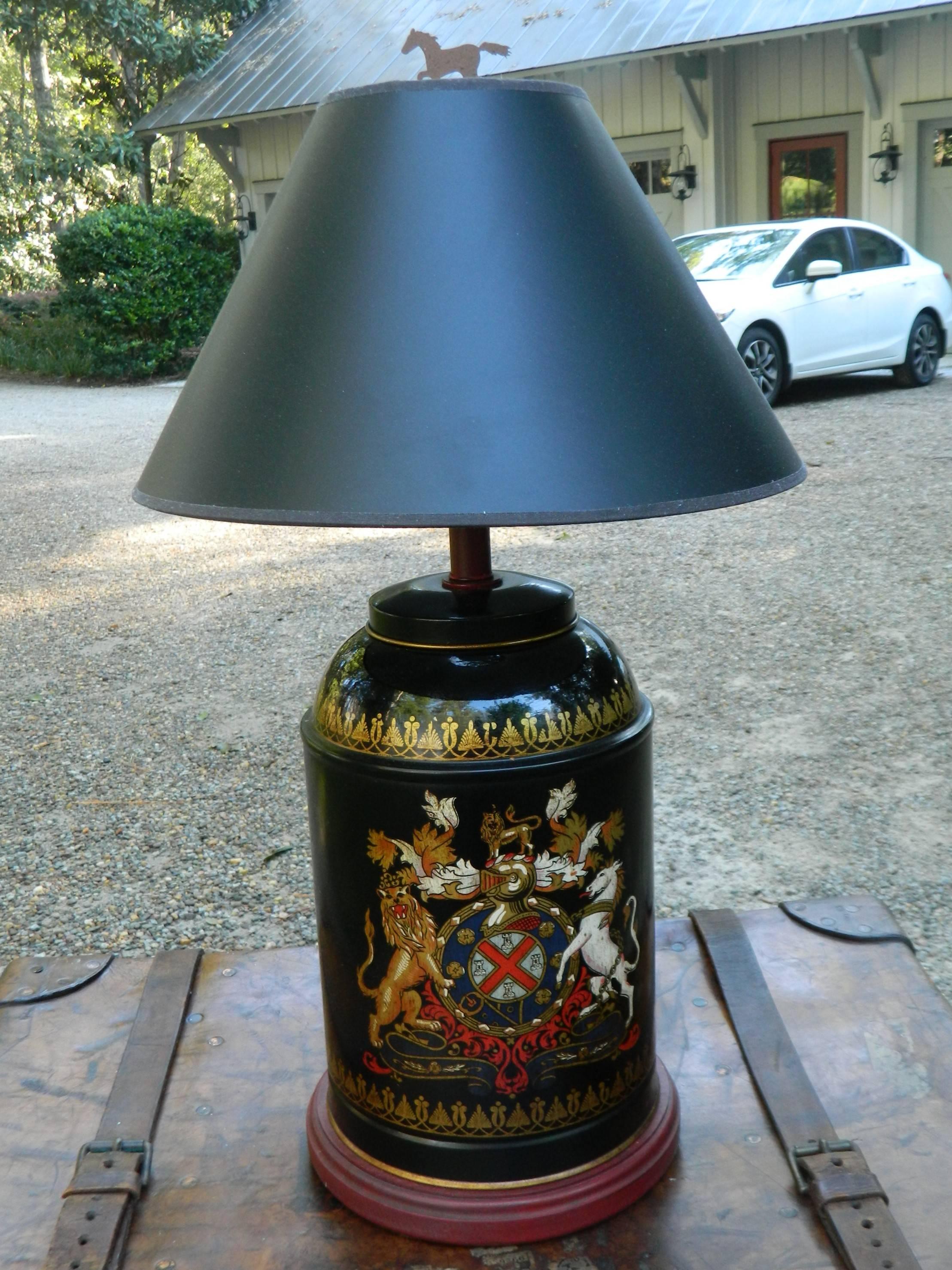 American Pair of Black Tole Canisters Adapted as Lamps, 20th Century
