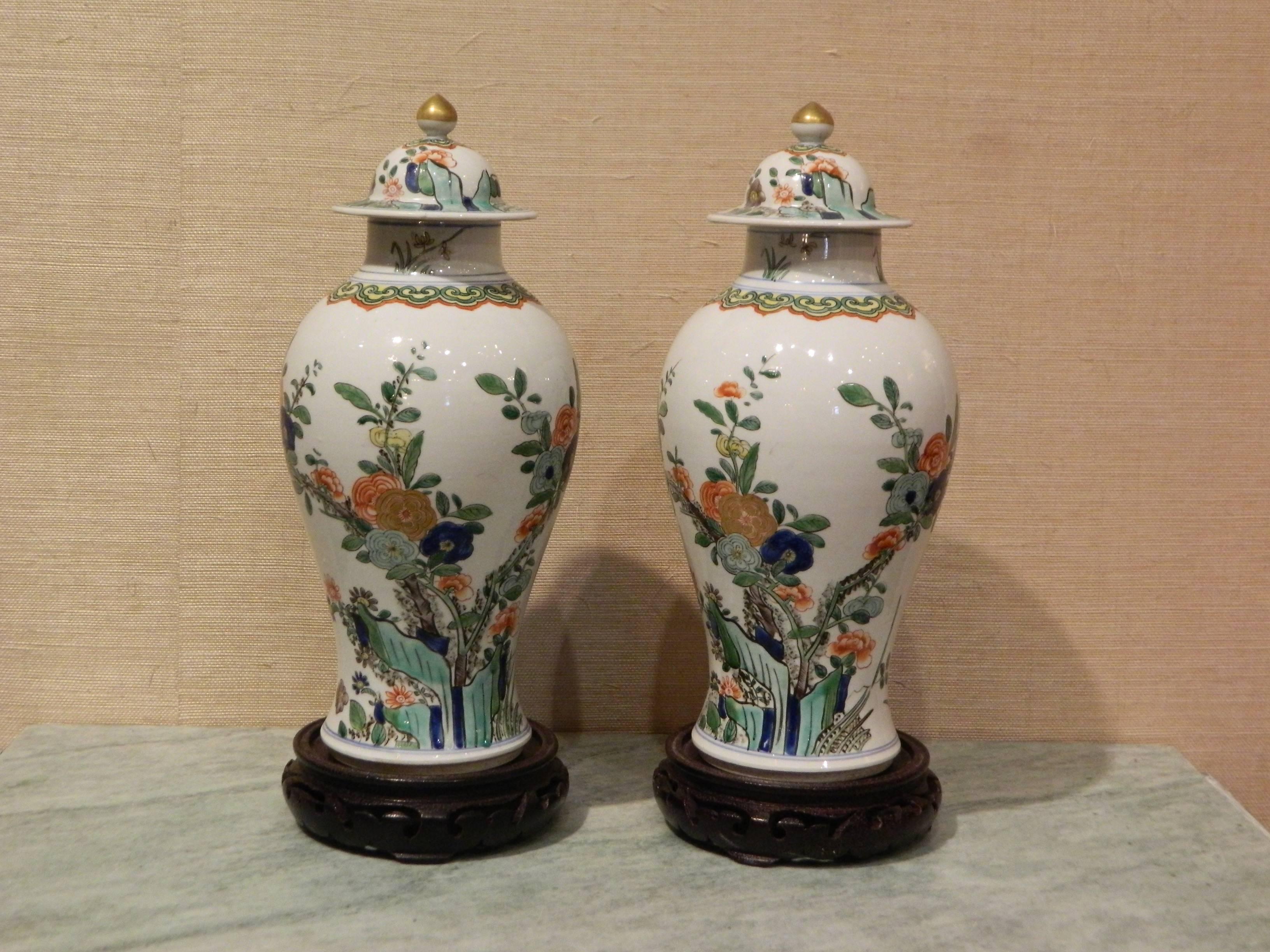 Pair of Chinese Covered Vases with Rosewood Stands, Early 20th Century 4